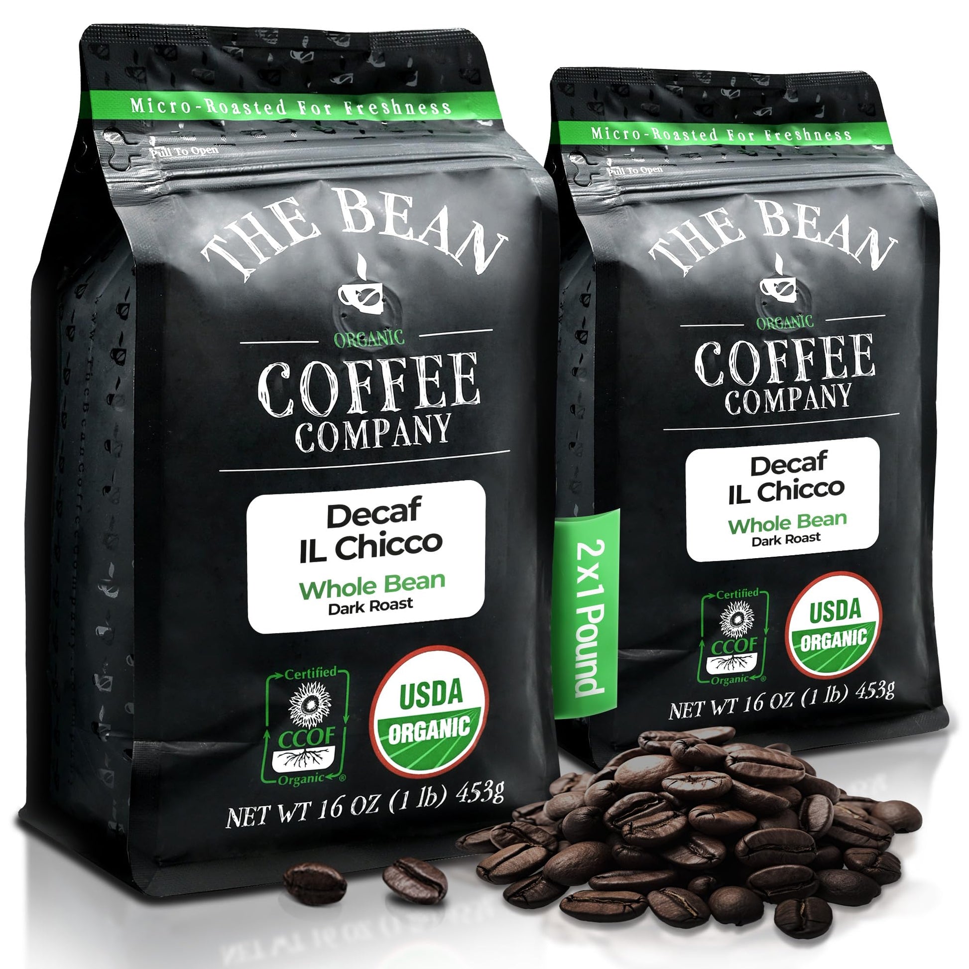 The Bean Organic Coffee Company DECAF IL Chicco Dark Roast Whole Bean Coffee, 16 Ounce (Pack of 2)