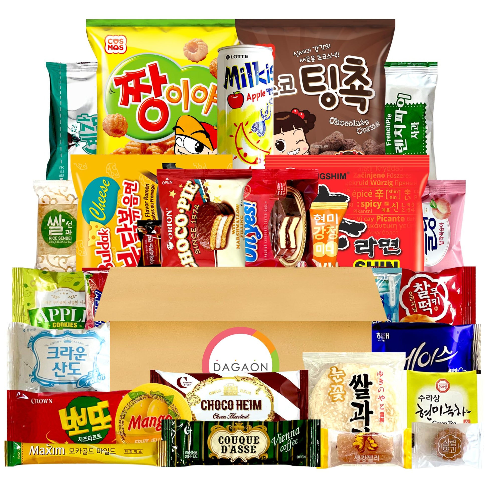 Dagaon Delightful Korean Snack Box 28 Count - Tasty Korean Snacks and Foods Including Chips, Biscuits, Cookies, Pies, Candies, D