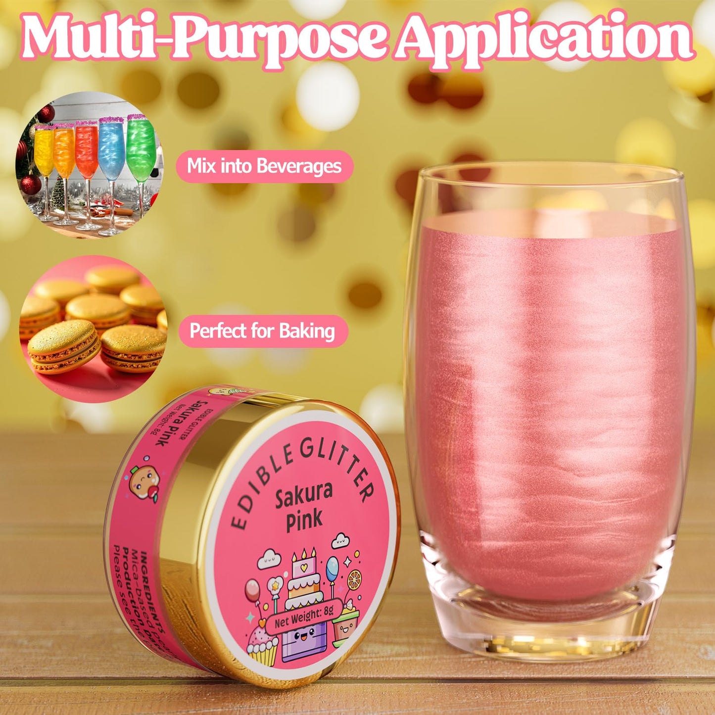 Nomeca Edible Glitter for Drinks & Cakes, 8g Luster Dust, 5-Sakura Pink