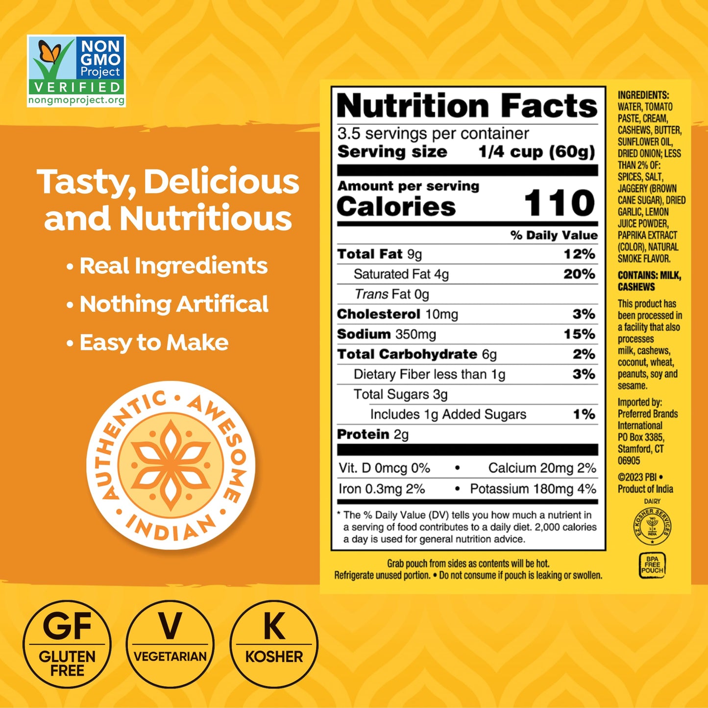 Tasty Bite Punjabi Style Butter Chicken Simmer Sauce, 7-Ounce 5-Pack, 3-4 Servings, Vegetarian, Tomatoes & Cashews in Butter