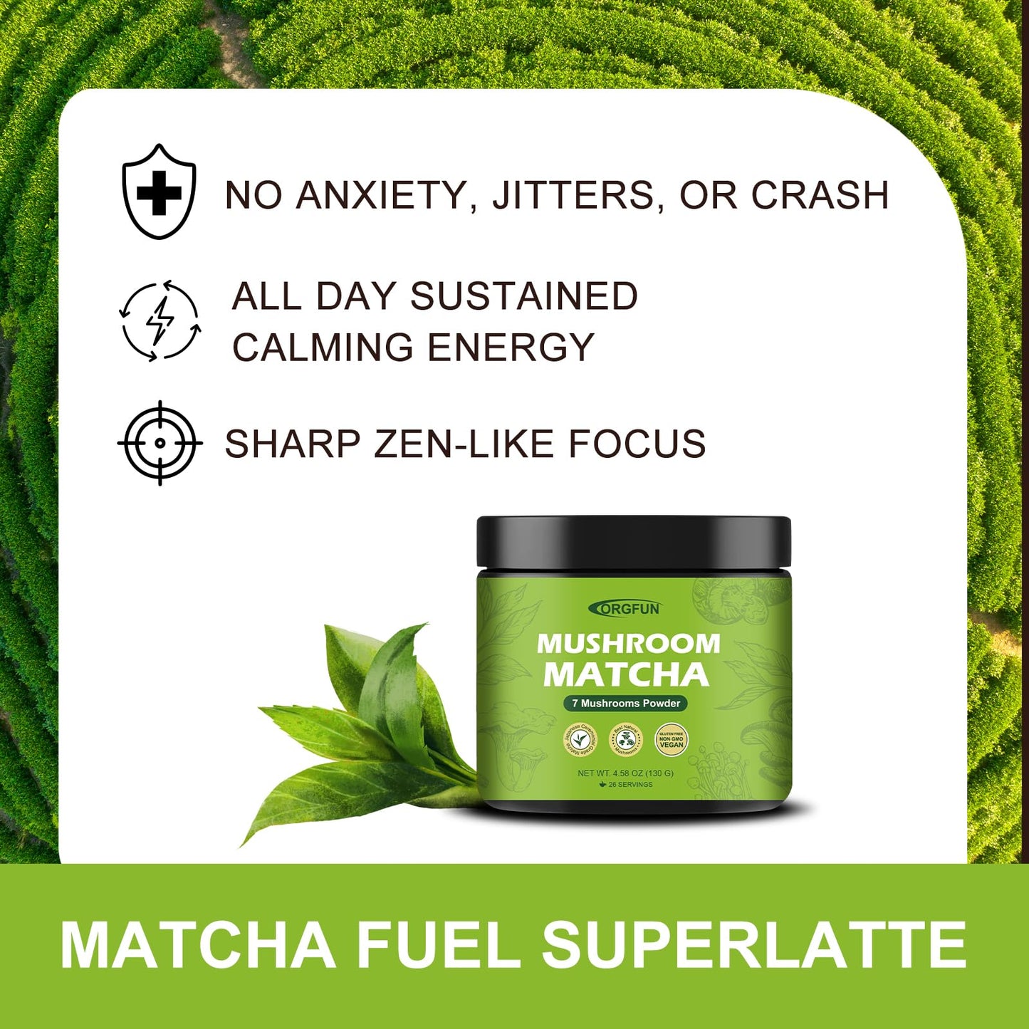 Orgfun Mushroom Matcha, Japanese Ceremonial Matcha Infused With 7 Superfood Mushrooms, Mct Oil, Coconut Milk Powder, No Added Su