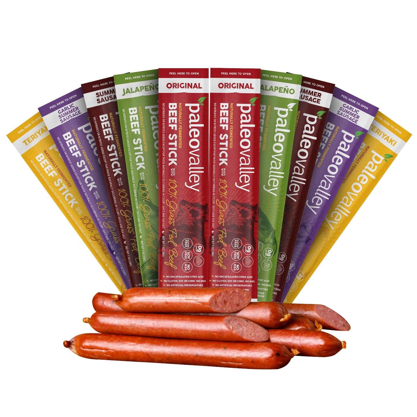 Paleovalley 100% Grass Fed Beef Sticks - Delicious Gluten Free Beef Snack - High Protein Keto Friendly, 50 Count Variety Pack