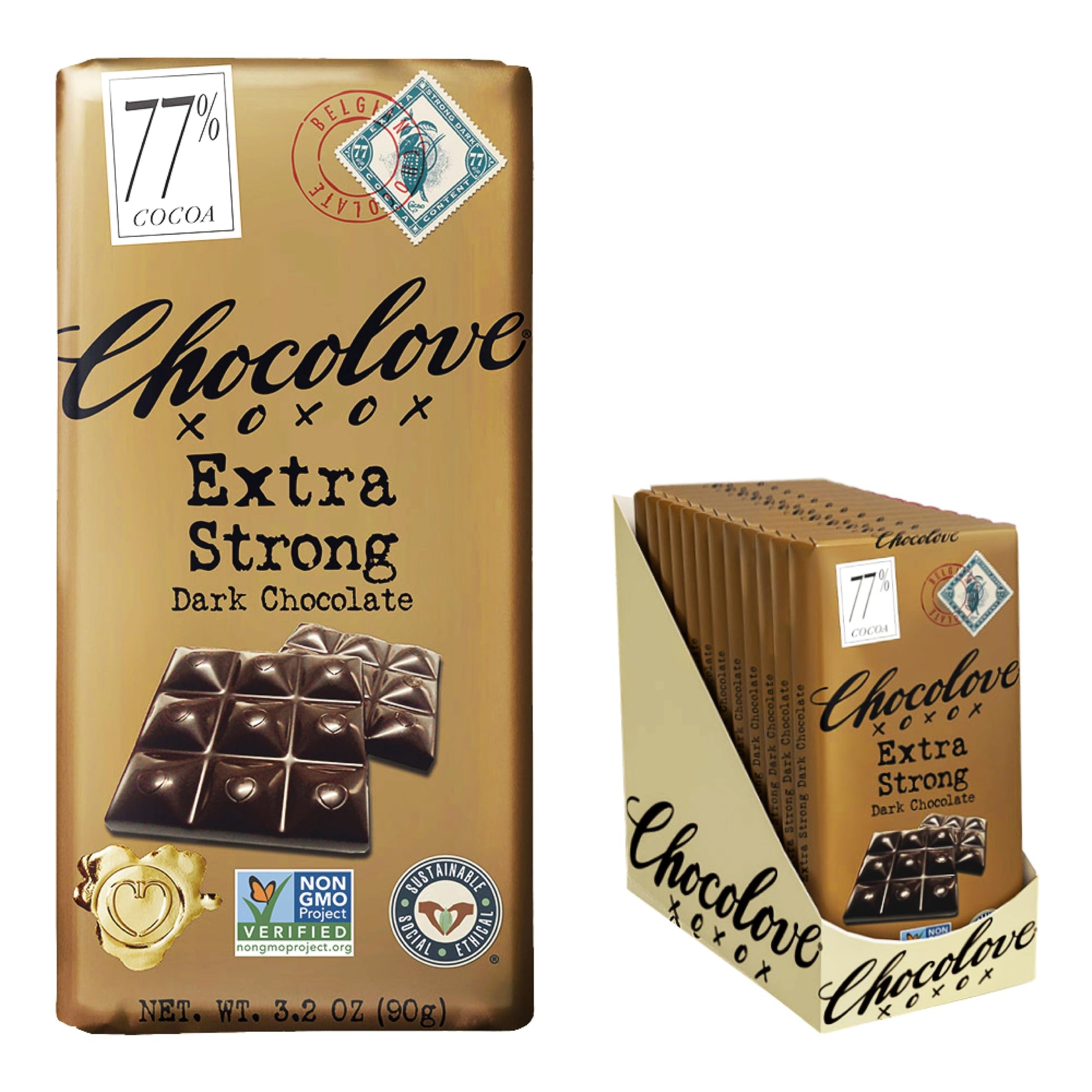 Chocolove Extra Strong Dark Chocolate Bars | 77% Cocoa | Strong & Smooth Belgian Dark Chocolate | Rainforest Alliance Certified, Non-Gmo, 3.2 Oz Bar (12 Pack)