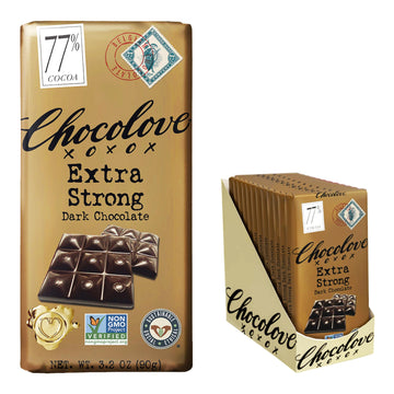 Chocolove Extra Strong Dark Chocolate Bars | 77% Cocoa | Strong & Smooth Belgian Dark Chocolate | Rainforest Alliance Certified, Non-Gmo, 3.2 Oz Bar (12 Pack)