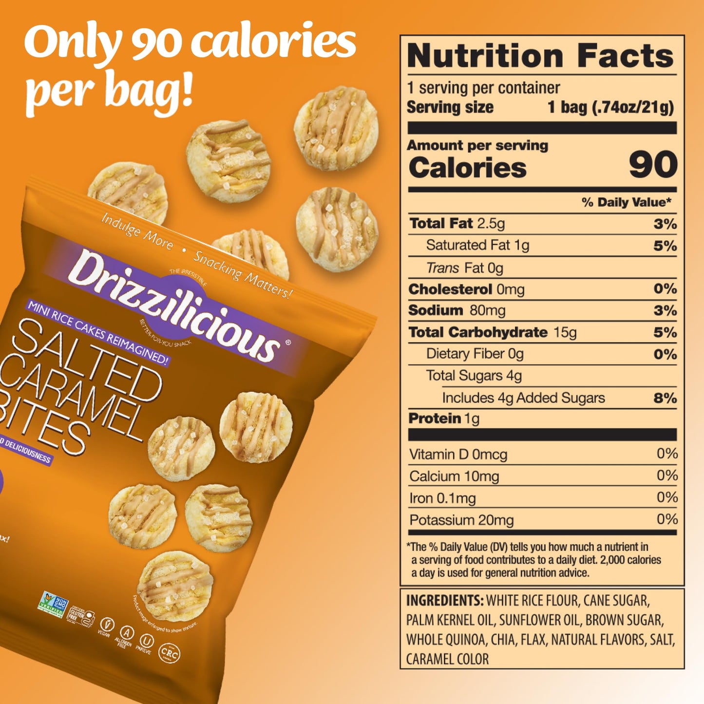 Drizzilicious Mini Rice Cakes Salted Caramel, Vegan & Gluten Free, Healthy Snack, 0.74 oz (Pack of 10), Only 90 Calories per Bag