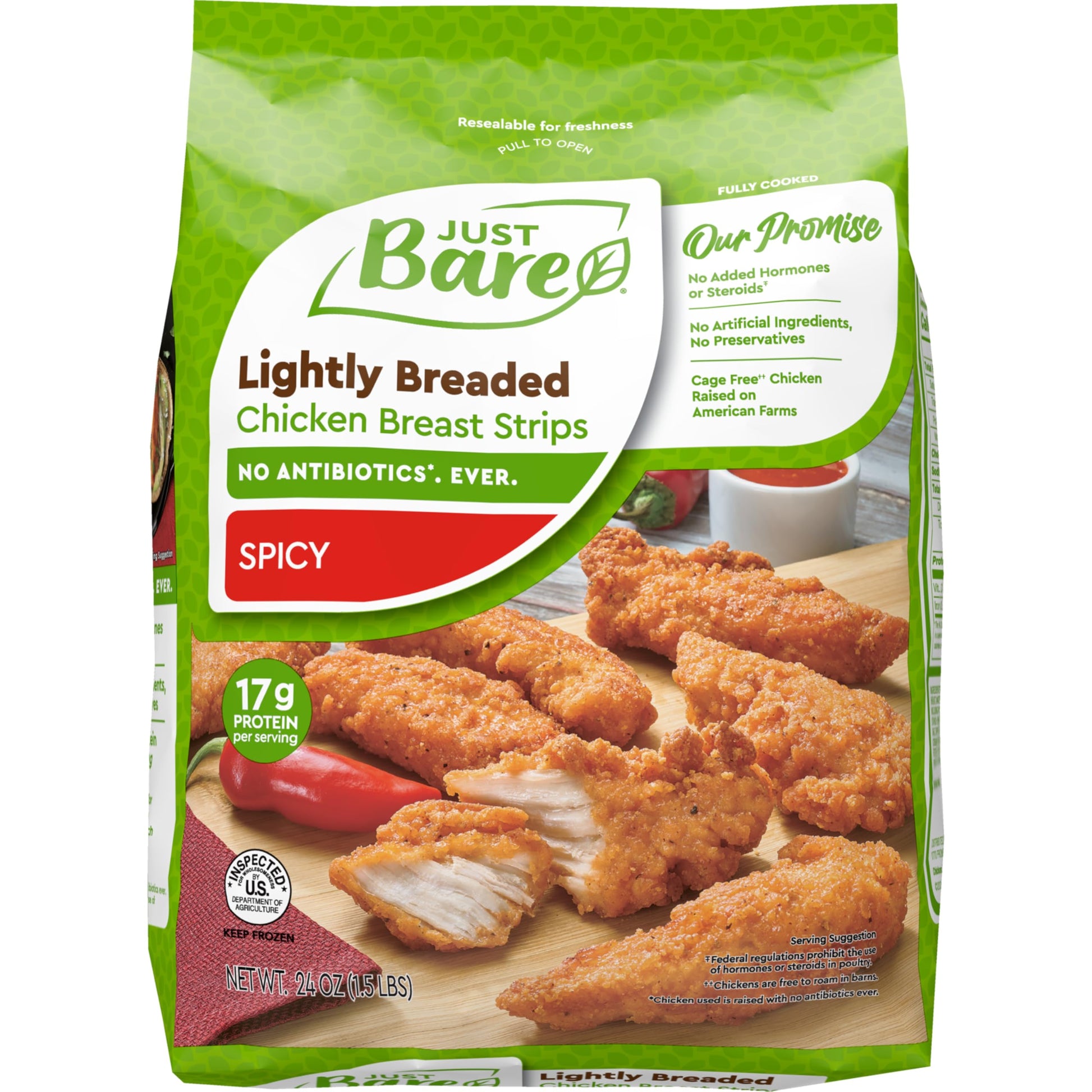 Just Bare Chicken Lightly Breaded Spicy Breast Strips | Fully Cooked | 16 G Protein | Frozen | 1.5 LB