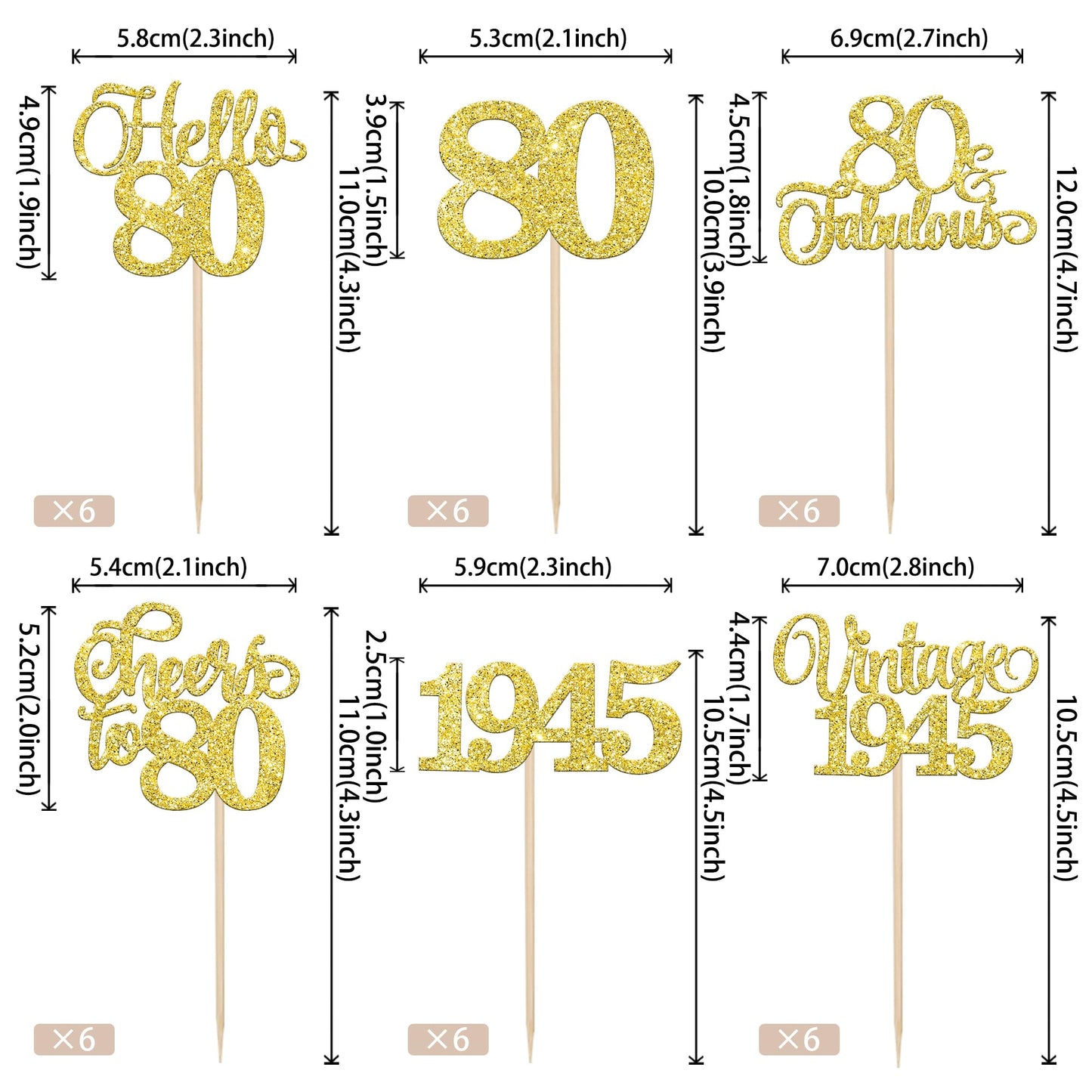 Rssta i 24 Pack Gold Glitter 80th Birthday Cupcake Toppers Paper Cake Decorations