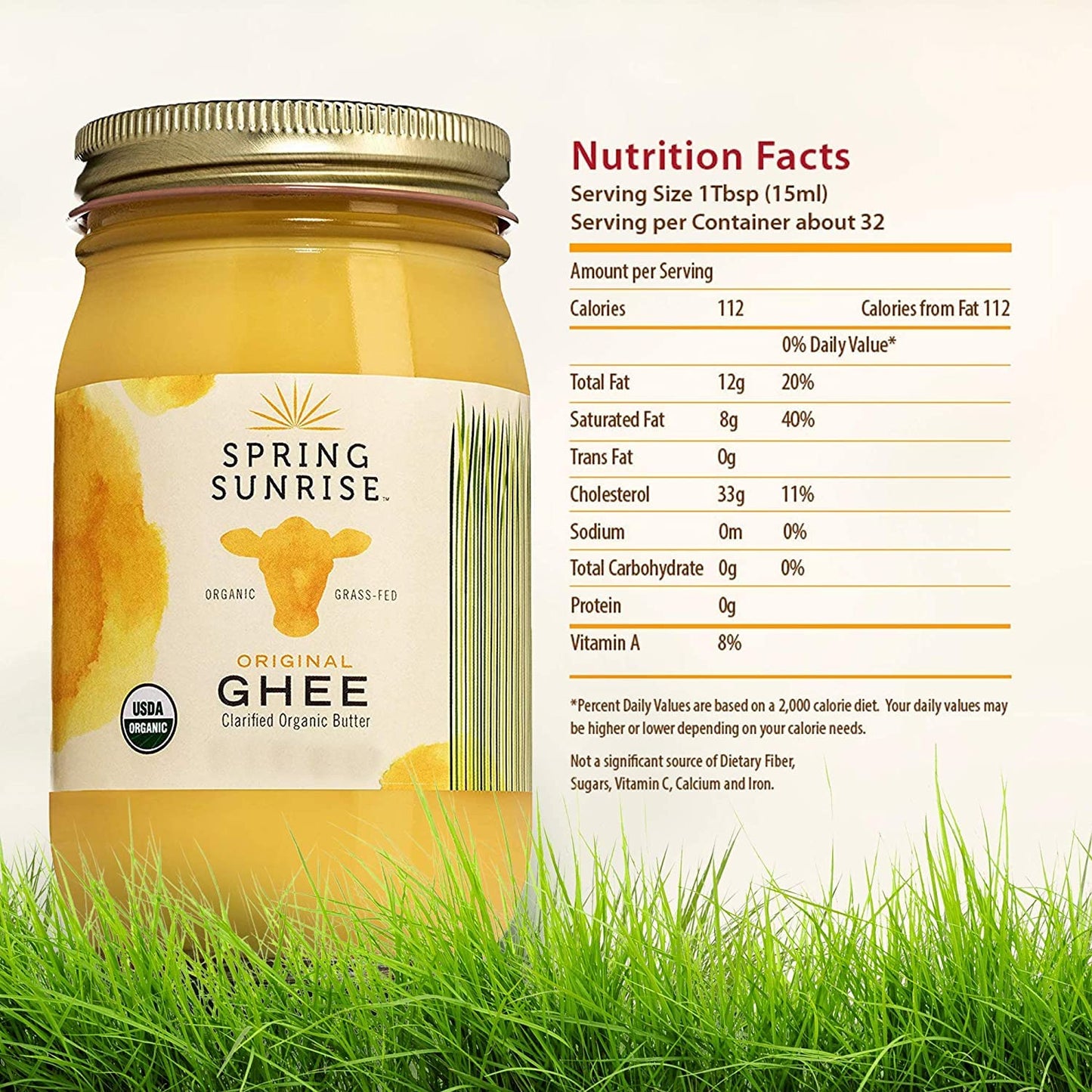 Spring Sunrise Organic Grass Fed Ghee Butter - Usda Certified Organic Clarified Butter - Paleo, Keto Friendly, Non-Gmo, Gluten, & Casein Free Cooking Oil - Sustainably Sourced (2 Pack, 32Oz Jar)