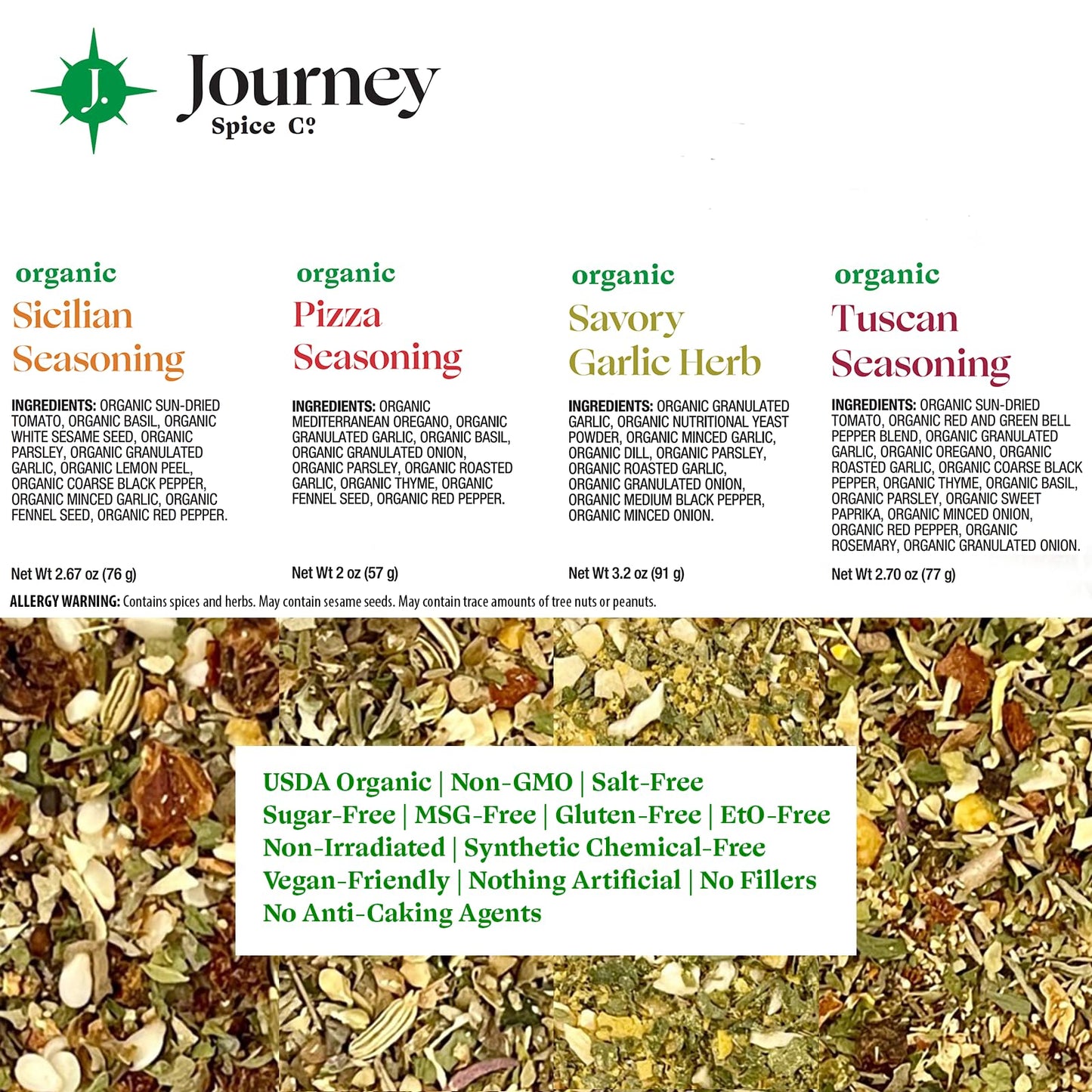 Gourmet Organic Italian Spice And Seasoning Gift Set By Journey Spice Co. | Salt-Free | Pizza Seasoning | Tuscan, Sicilian, Savo