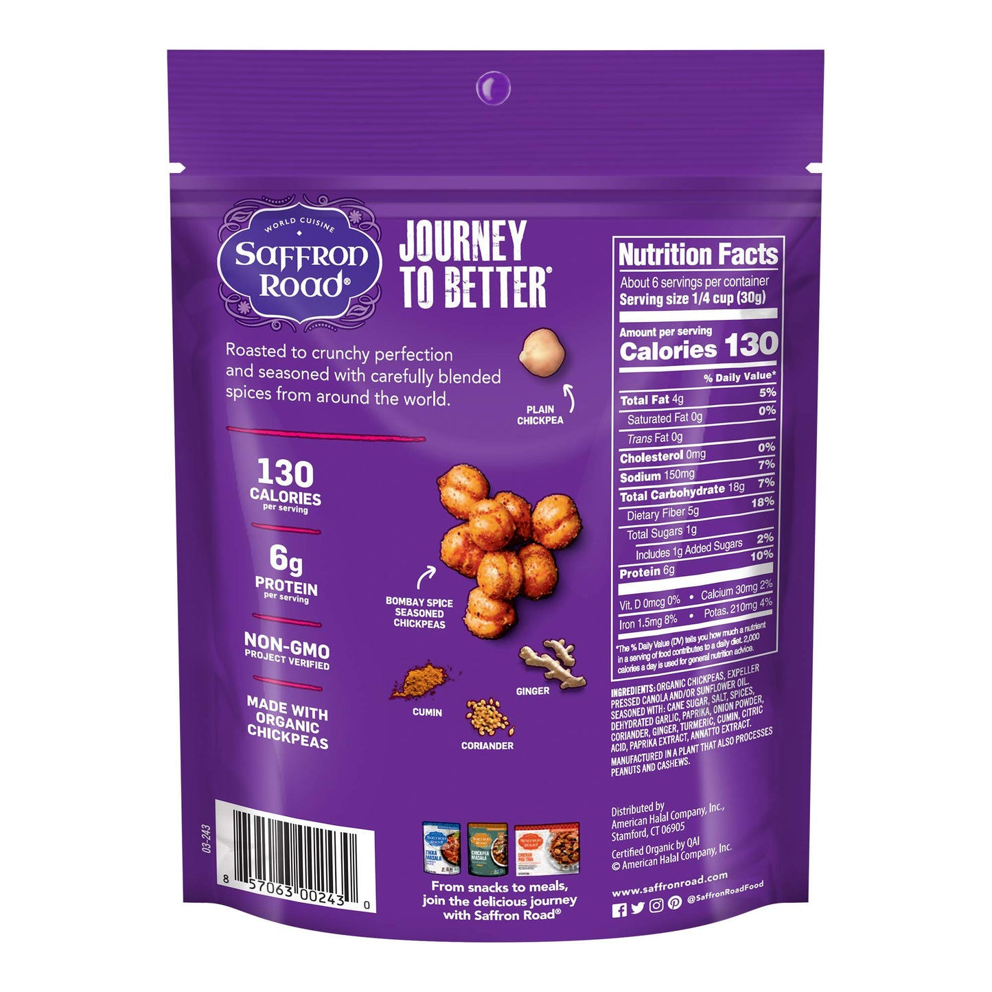 Saffron Road Organic Bombay Spice Crunchy Roasted Chickpea Snacks- 5.4Oz 6-Pack, Gluten Free, Non-Gmo, Vegan Dried Crispy Chickp
