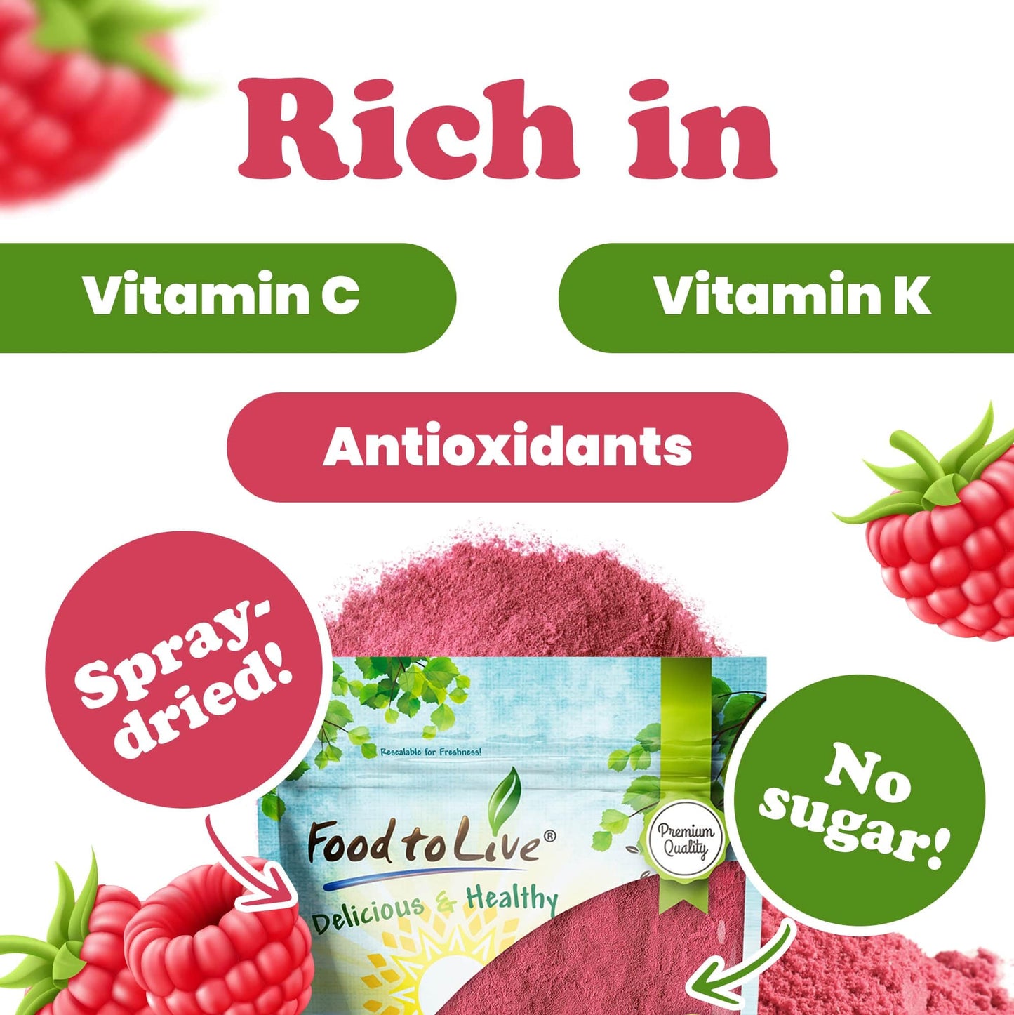 Food to Live Raspberry Powder, 4 Pounds - Antioxidant-Rich Superfood for Immune Support, Skin Health - Spray-dried, No Sugar Add