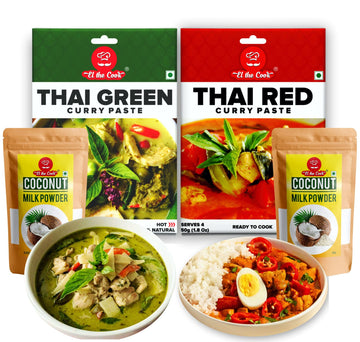 El The Cook Thai Green & Red Curry Paste + Coconut Powder For Making Thai Curry | Ready To Cook Kit | Serves 4 X 2 Pack (50G Eac