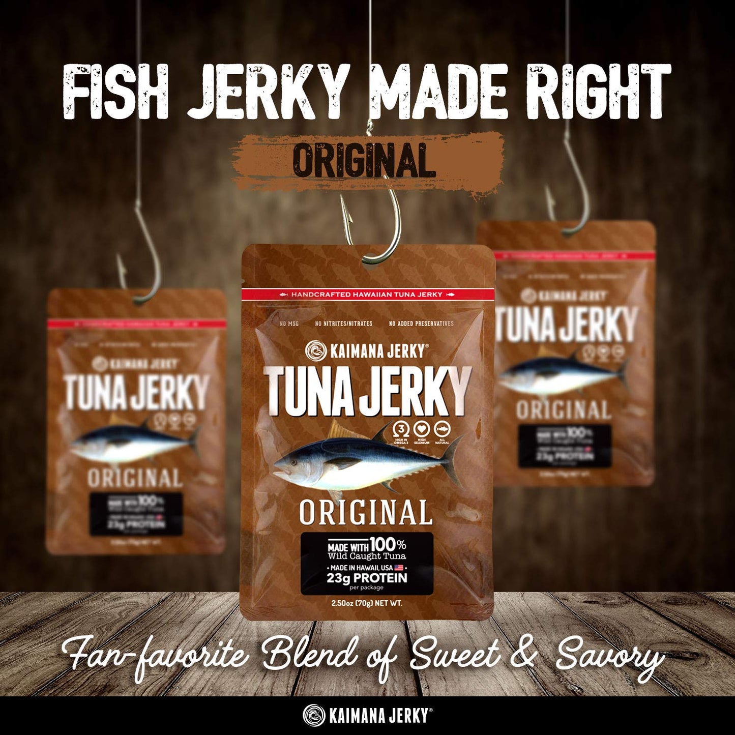 Kaimana Jerky Ahi Tuna Jerky - Original, All-Natural, 3 Pack (2 oz), Rich in Omega-3s, High Protein, Brown