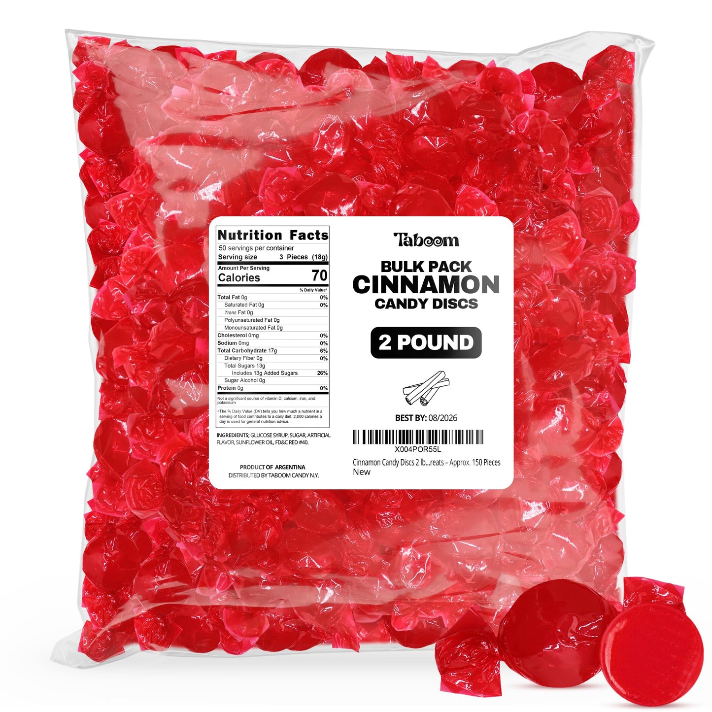 Cinnamon Hard Candy Discs 2 Lbs Bulk Pack - Approx. 150 Individually Wrapped Spicy Cinnamon Flavored Hard Candies For Parties  Offices & Treats - Taboom