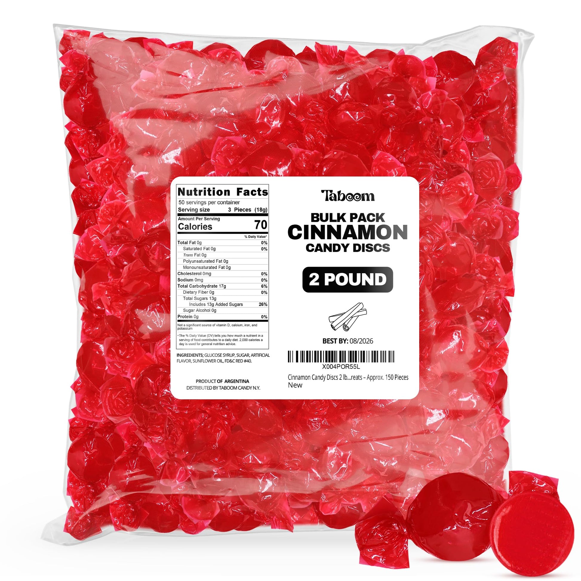 Cinnamon Hard Candy Discs 2 Lbs Bulk Pack - Approx. 150 Individually Wrapped Spicy Cinnamon Flavored Hard Candies For Parties  Offices & Treats - Taboom