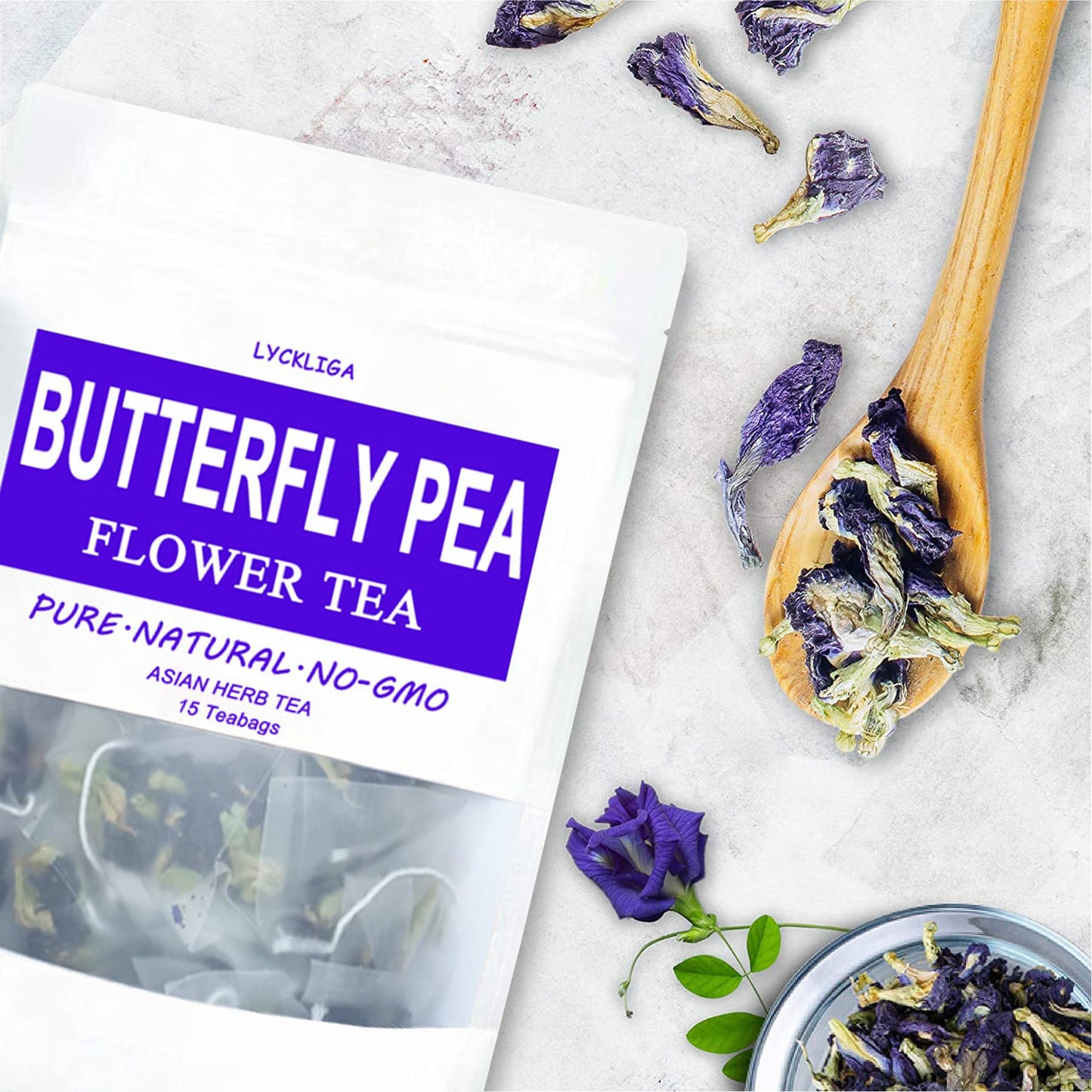LYCKLIGA Butterfly Pea Flower Tea - 15 Pyramid Tea Bags, Antioxidant Blue Tea, Pack of 2
