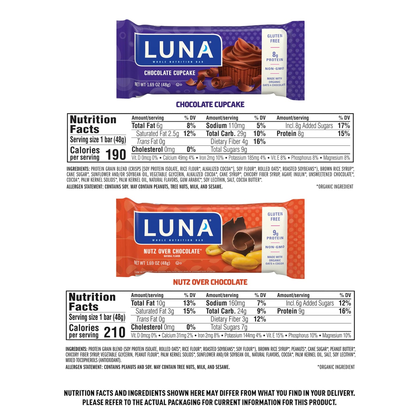 Luna Bar - Variety Pack - Nutz Over Chocolate And Chocolate Cupcake Flavor - Snack Bars - Non-Gmo - Gluten-Free Protein Bars - M