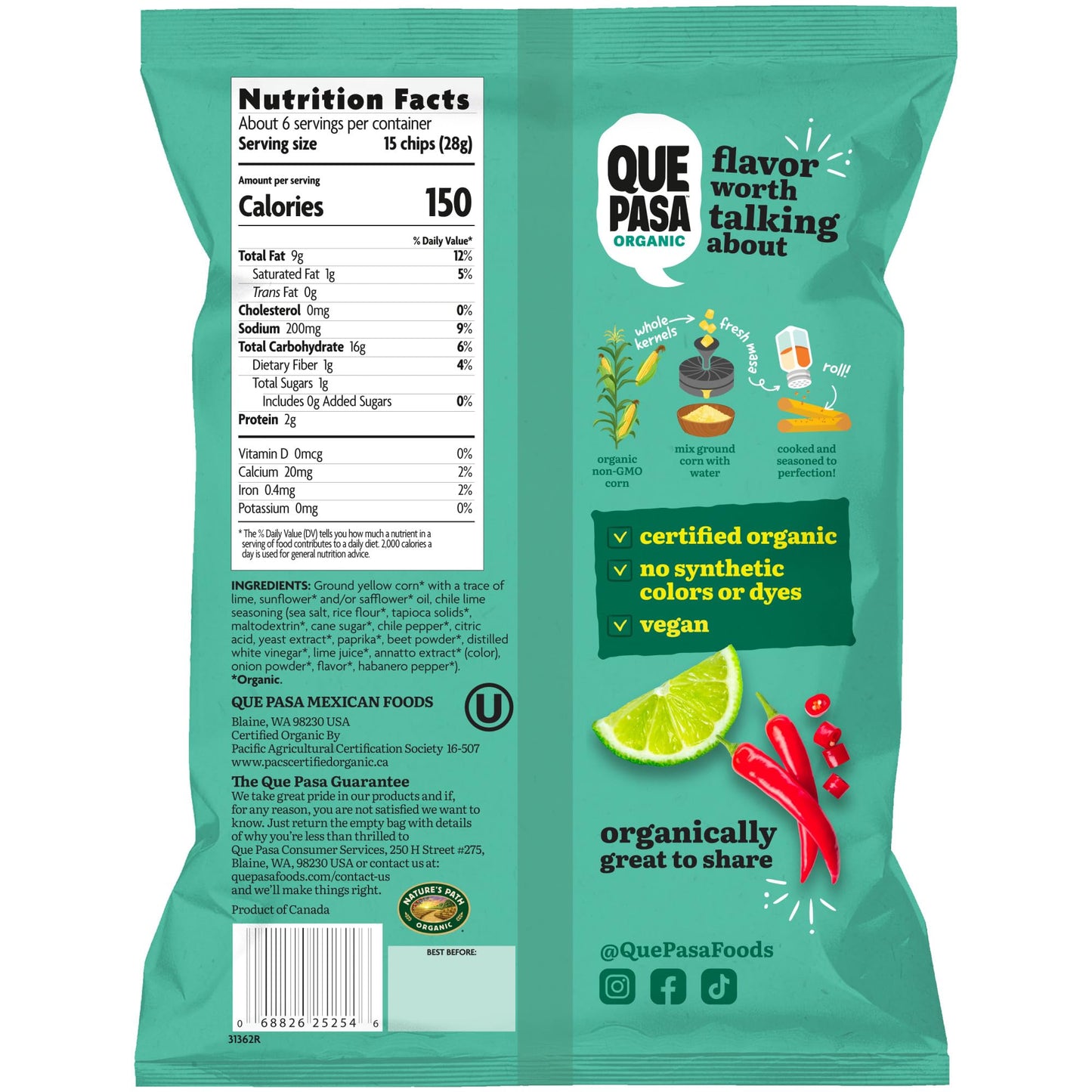 Que Pasa Organic Chile Lime Tortilla Chips, 6.5 oz (Pack of 1), Gluten Free, Non-GMO, by Natures Path
