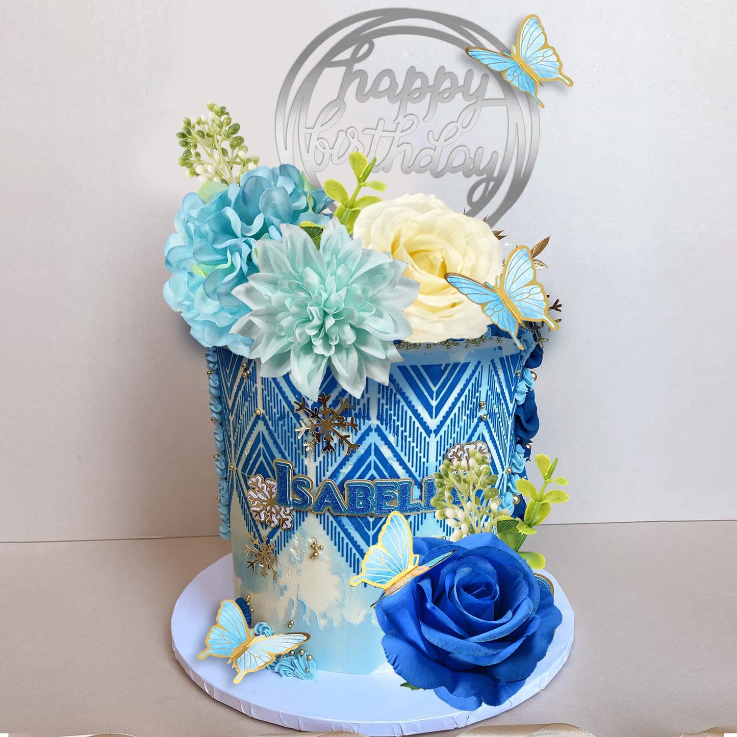 19 Pcs Flower Cake Toppers Butterfly Cake Decorations Happy Birthday Cake Toppers With Artificial Blue Rose Flowers Eucalyptus B