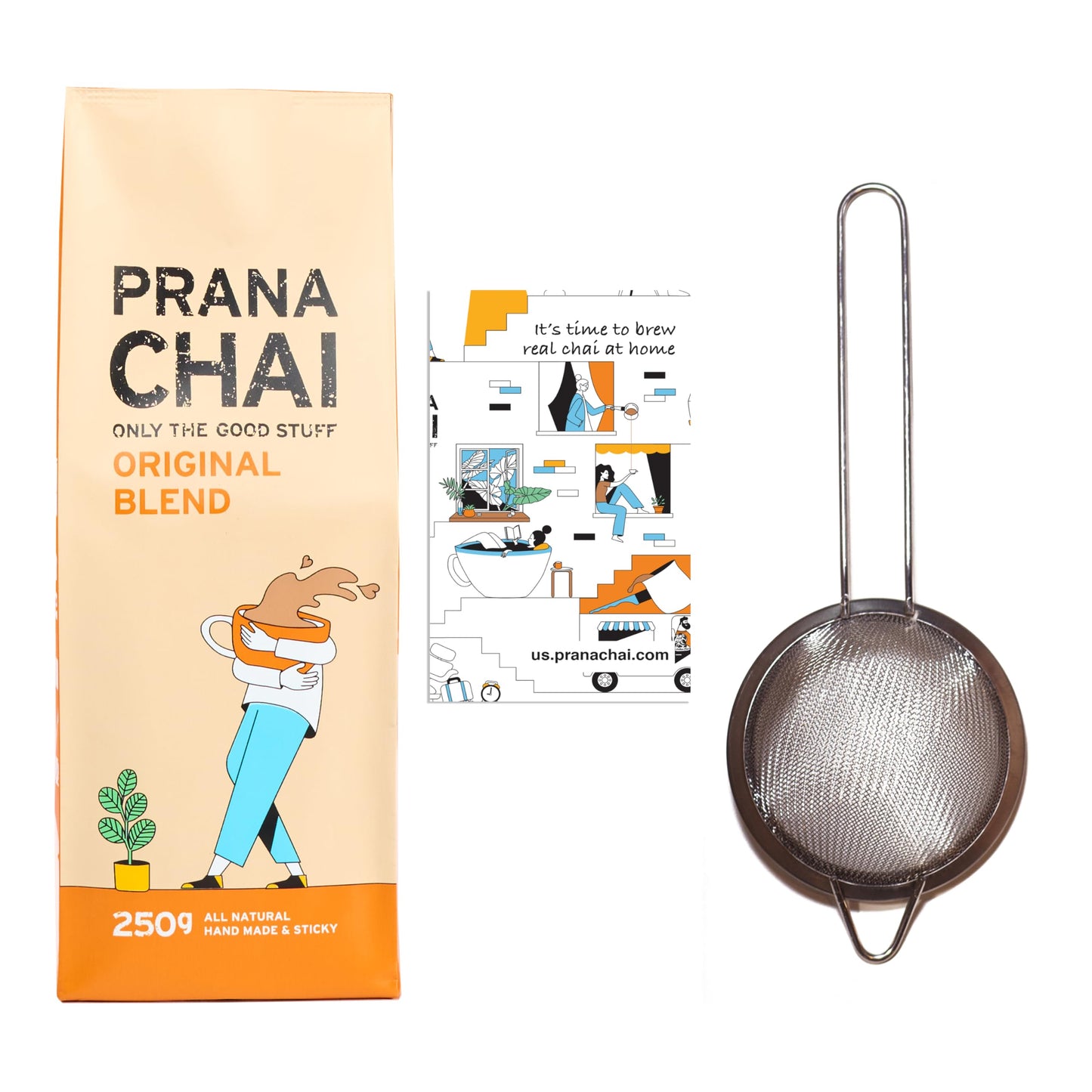 Prana Chai Masala Blend 250 gram + Fine Mesh Tea Strainer. Brew Chai and Strain at home with included 3 inch fine mesh strainer