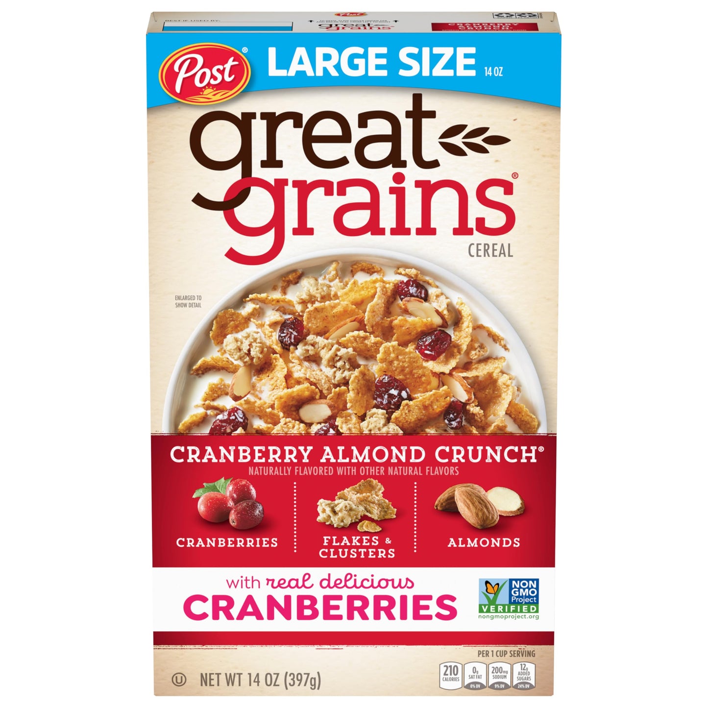 Great Grains Cranberry Almond Crunch Cereal, Cereal with Dried Cranberries and Almonds, Non-GMO Project Verified, 14 OZ Box