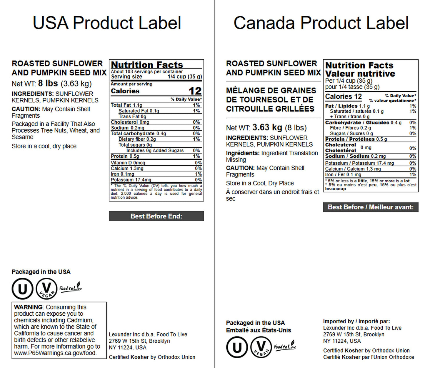 Food to Live Dry Roasted Sunflower and Pumpkin Seed Mix, 8 Pounds - Oven Roasted, No Oil added, Natural Snack, Rich in Protein,