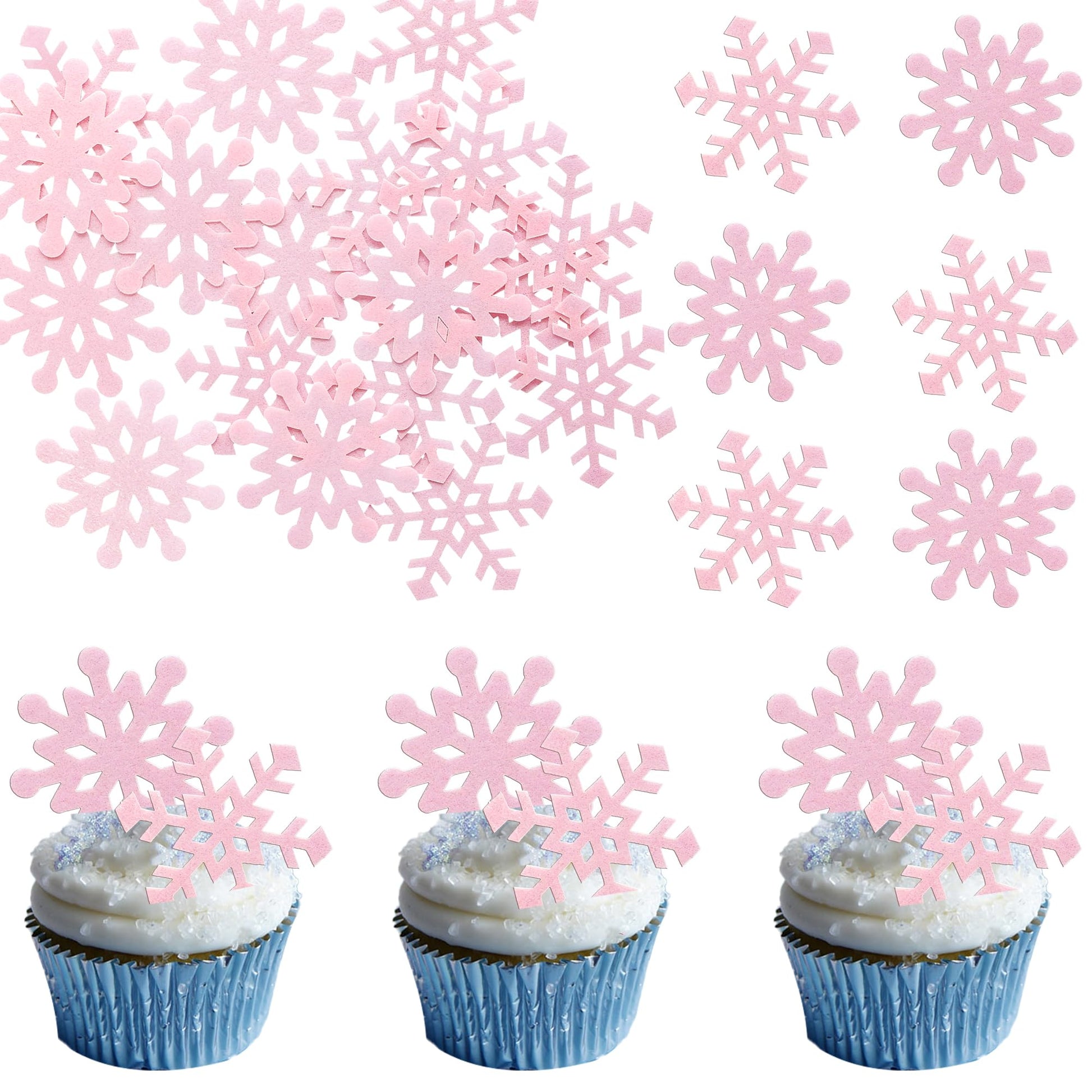 Gyufise Edible Snowflakes Cupcake Toppers - 60Pcs Wafer Paper Sprinkles for Christmas Winter - Pink