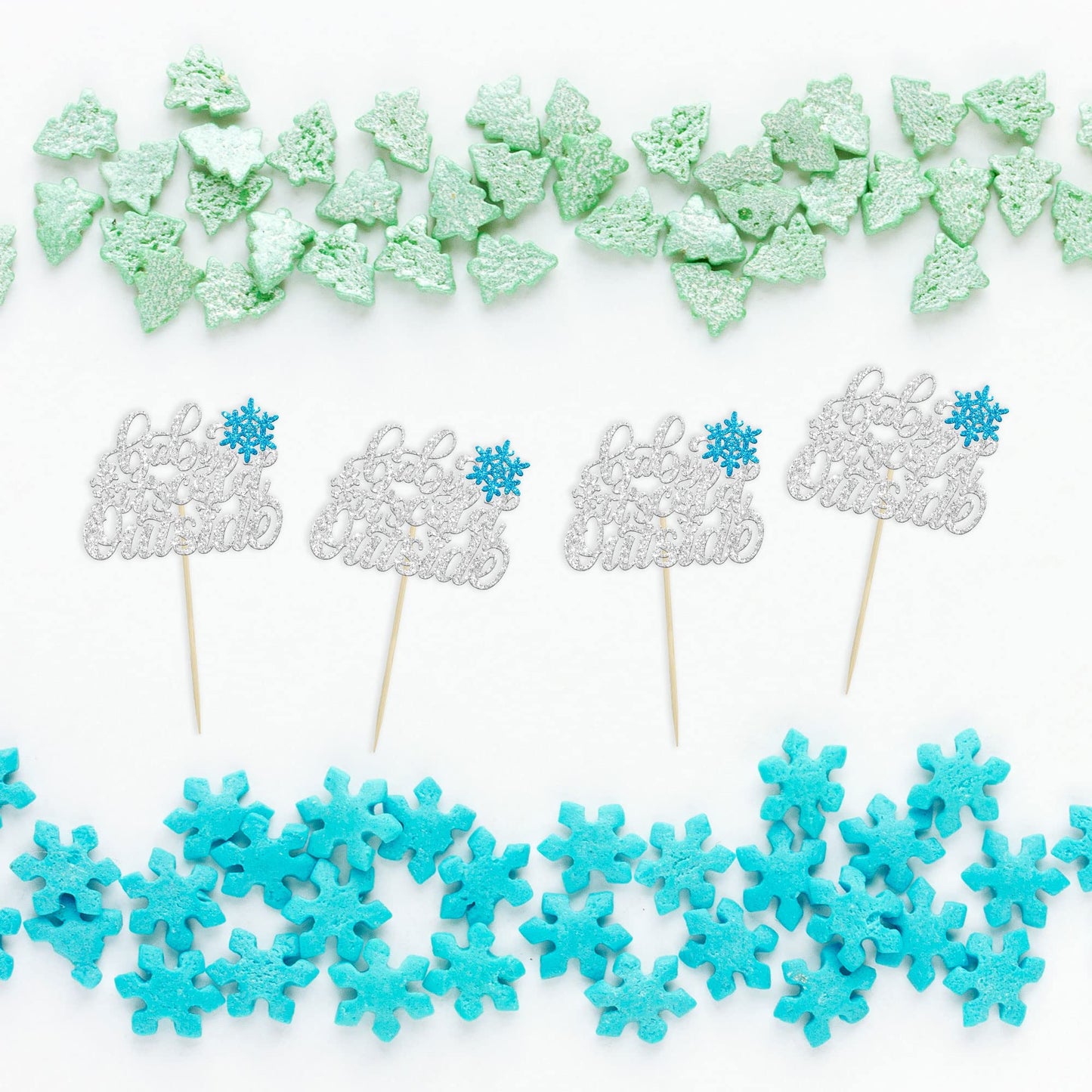 Gyufise 24Pcs Snowflake Baby It's Cold Outside Cupcake Toppers Blue Glitter Silver Baby It's Cold Outside Cupcake Picks for Wint