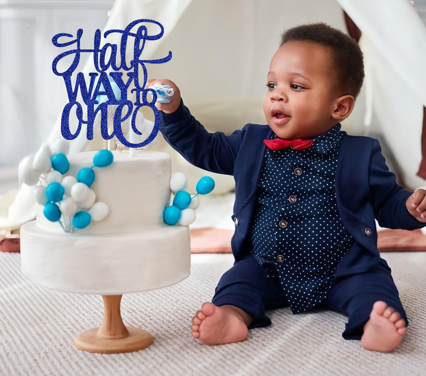 Ahaoray Half Way To One Cake Topper - Blue Glitter 6 Months Birthday Decorations Supplies - Half Birthday Decorations Baby Girl,