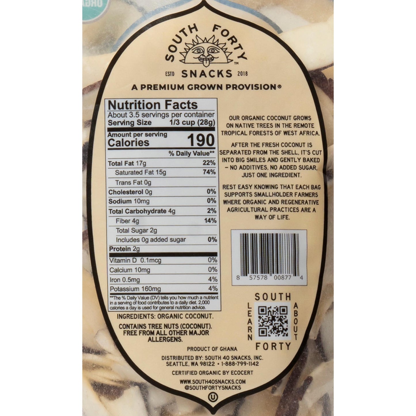 South 40 Snacks Organic Coconut Chips, Just 1 Ingredient (3.5Oz Bags, Pack Of 4)