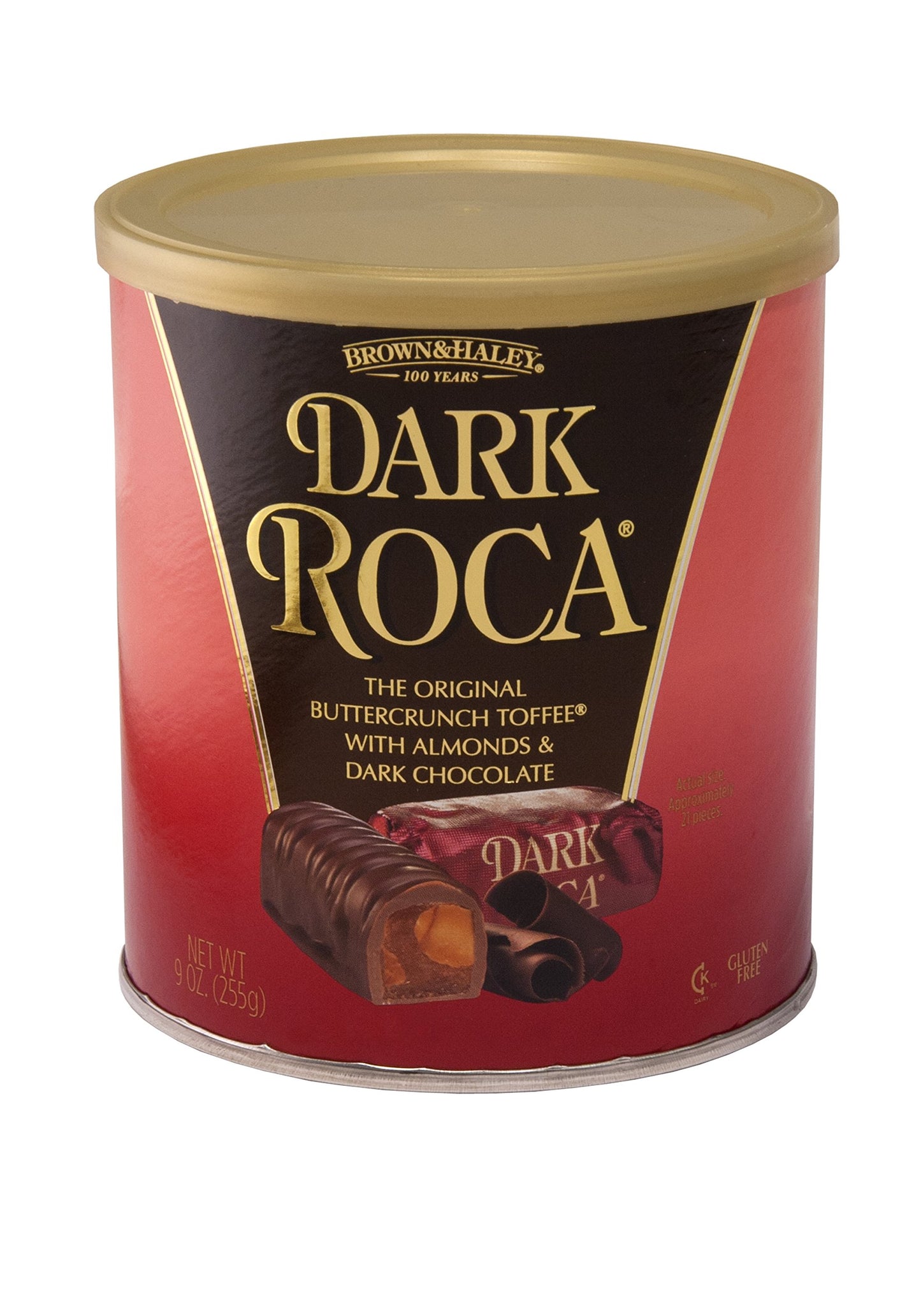 Roca Brown & Haley Almond Dark Roca Canister, Individually Wrapped Dark Chocolate Candy, 10 Ounce, Chocolate