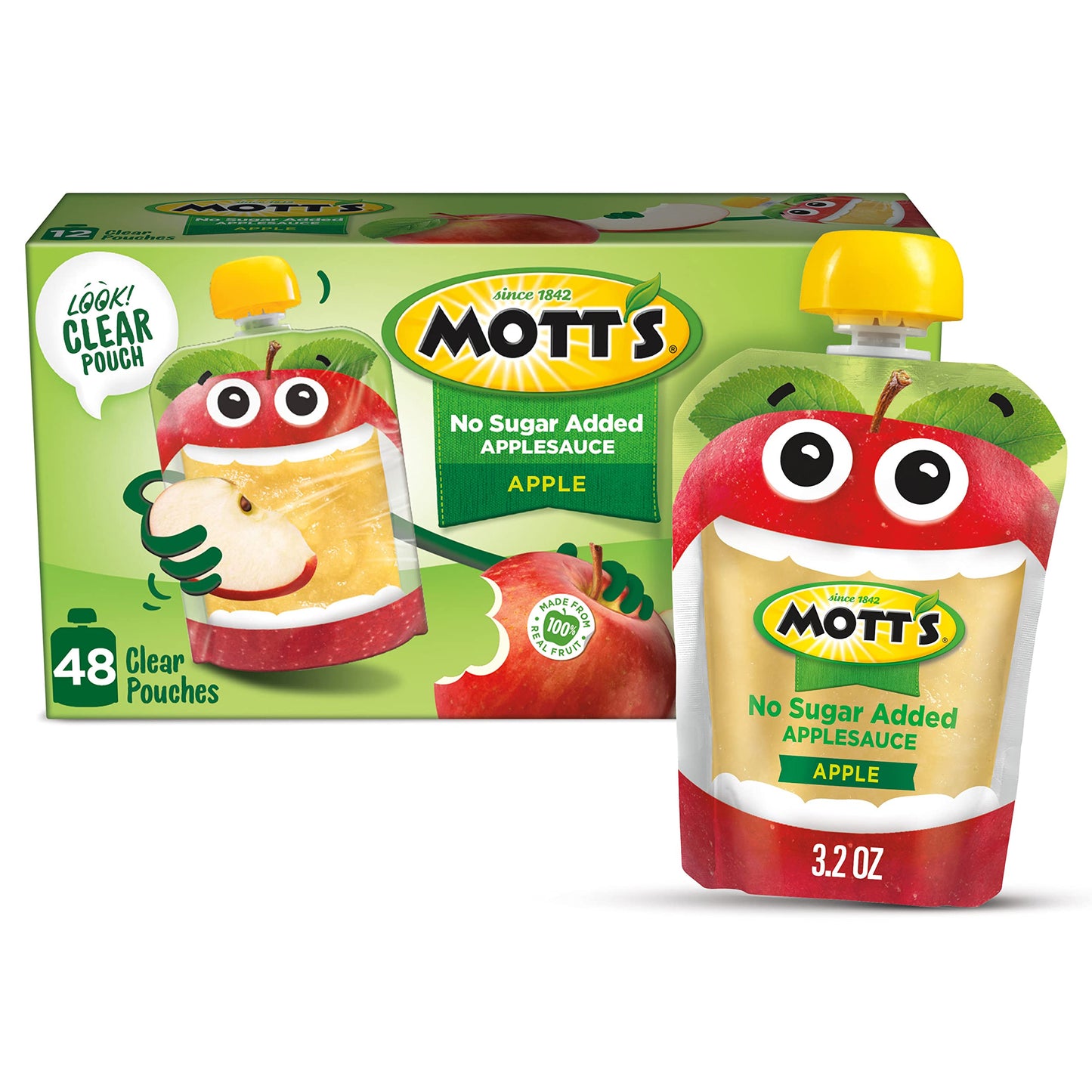 Mott'S No Sugar Added Applesauce, 3.2 Oz Clear Pouches, 48 Count (4 Packs Of 12), Good Source Of Vitamin C, No Artificial Flavor