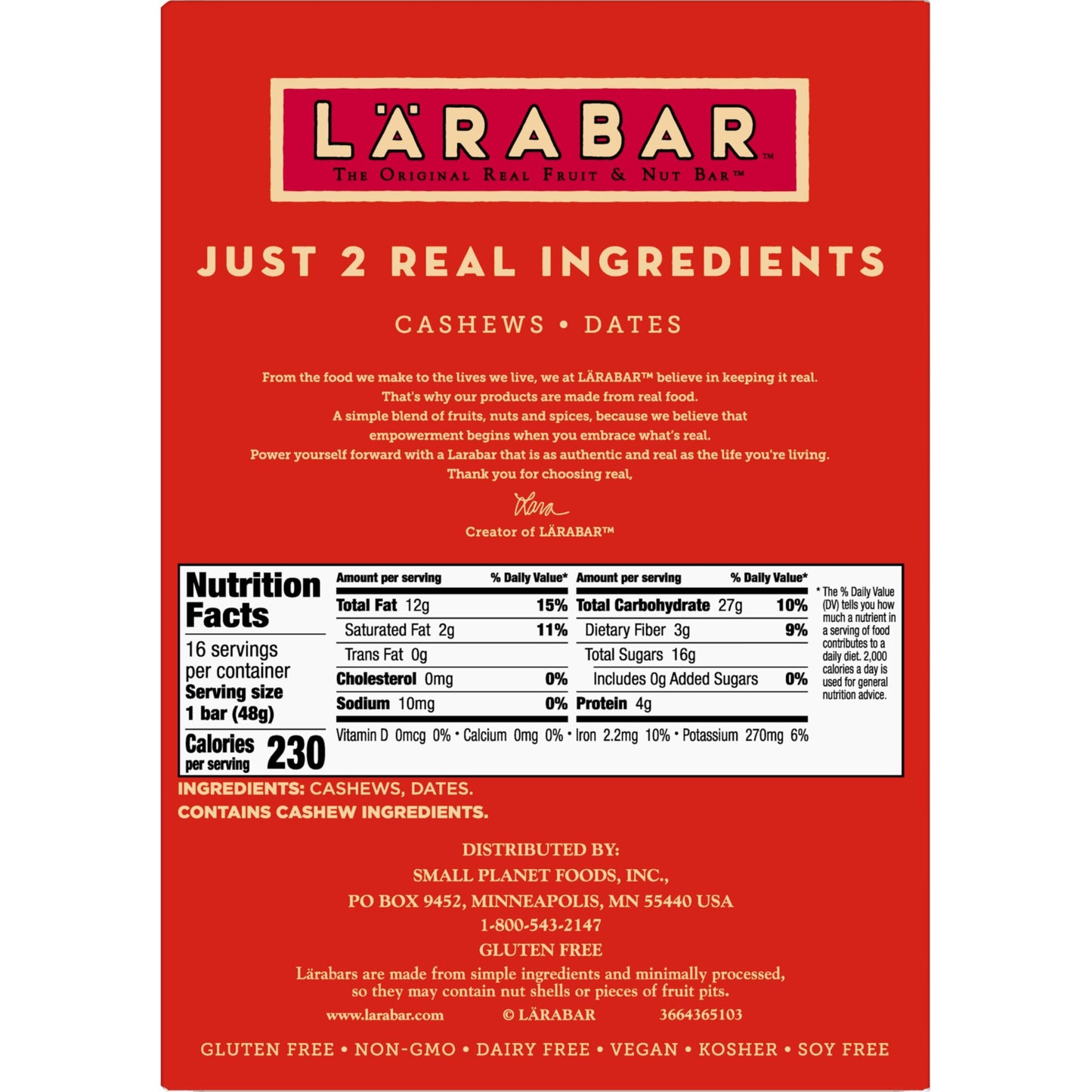 Larabar Cashew Cookie, Gluten Free Vegan Fruit & Nut Bar, 1.7 oz Bars 16 Ct