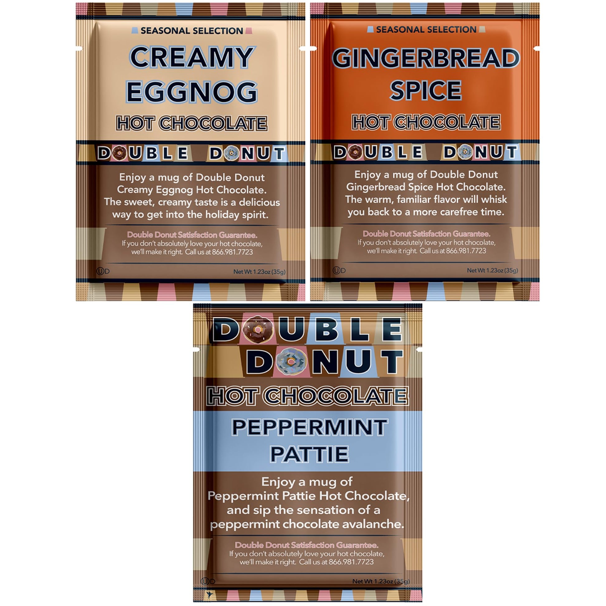 Double Donut Holiday Hot Chocolate Packets Variety Pack, 32 Count, Includes Eggnog, Gingerbread, Peppermint, Pumpkin Spice