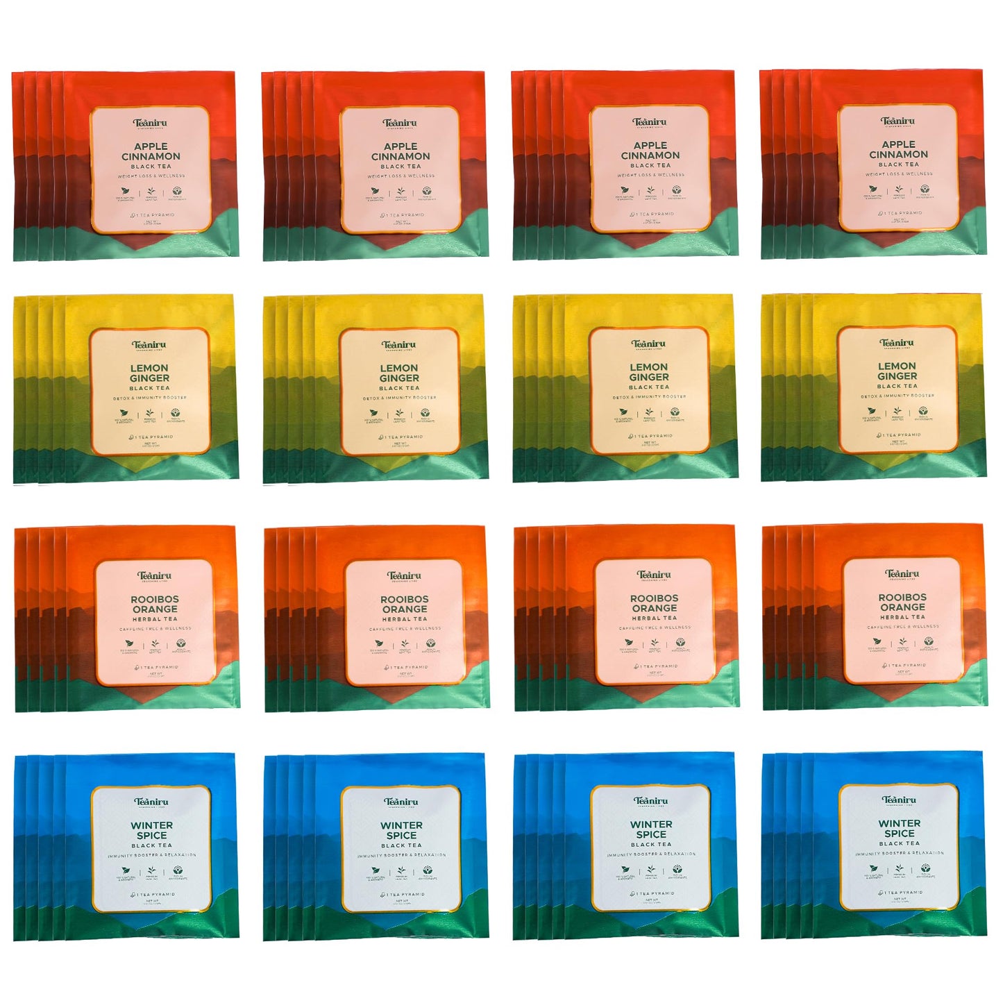 Teaniru, Black Tea Collection - Box Of 100 Pyramid Tea Bags, Individual Sachets | 4 Flavors - Apple Cinnamon, Lemon Ginger, Rooi