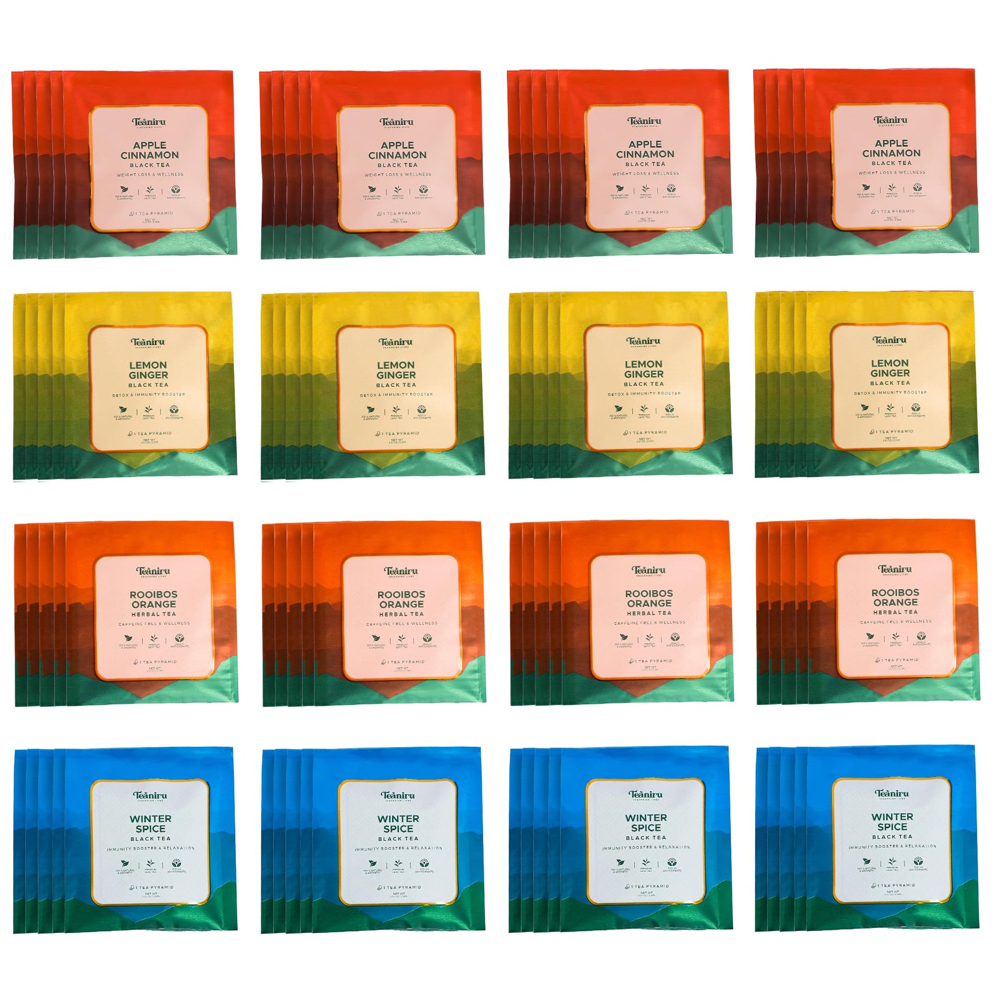 Teaniru, Black Tea Collection - Box Of 100 Pyramid Tea Bags, Individual Sachets | 4 Flavors - Apple Cinnamon, Lemon Ginger, Rooi