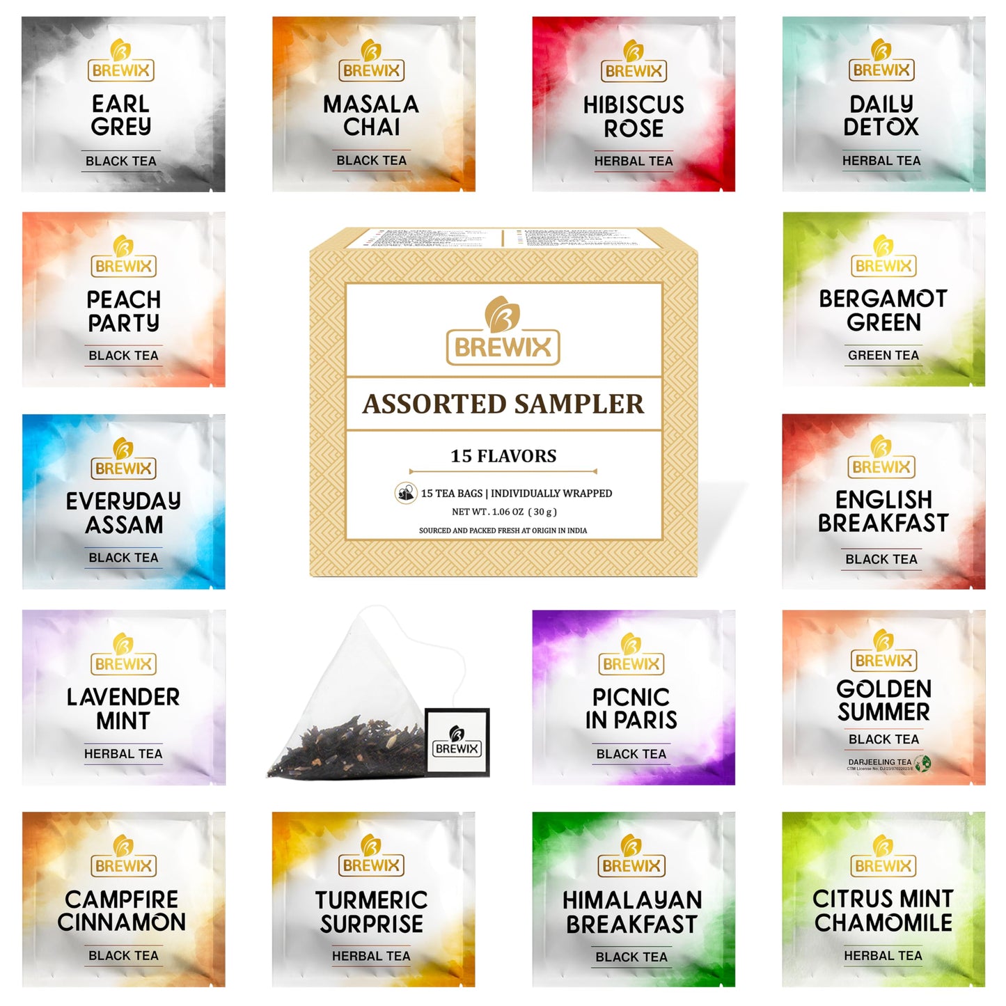 Brewix Enhanced Assorted Tea Sampler Gift Box (15 Pyramid Individually Wrapped Tea Bags) | Herbal Tea, Black Tea, Green Tea | Tea Gift Set & Variety Pack | Gifts For Women & Men, Tea Set