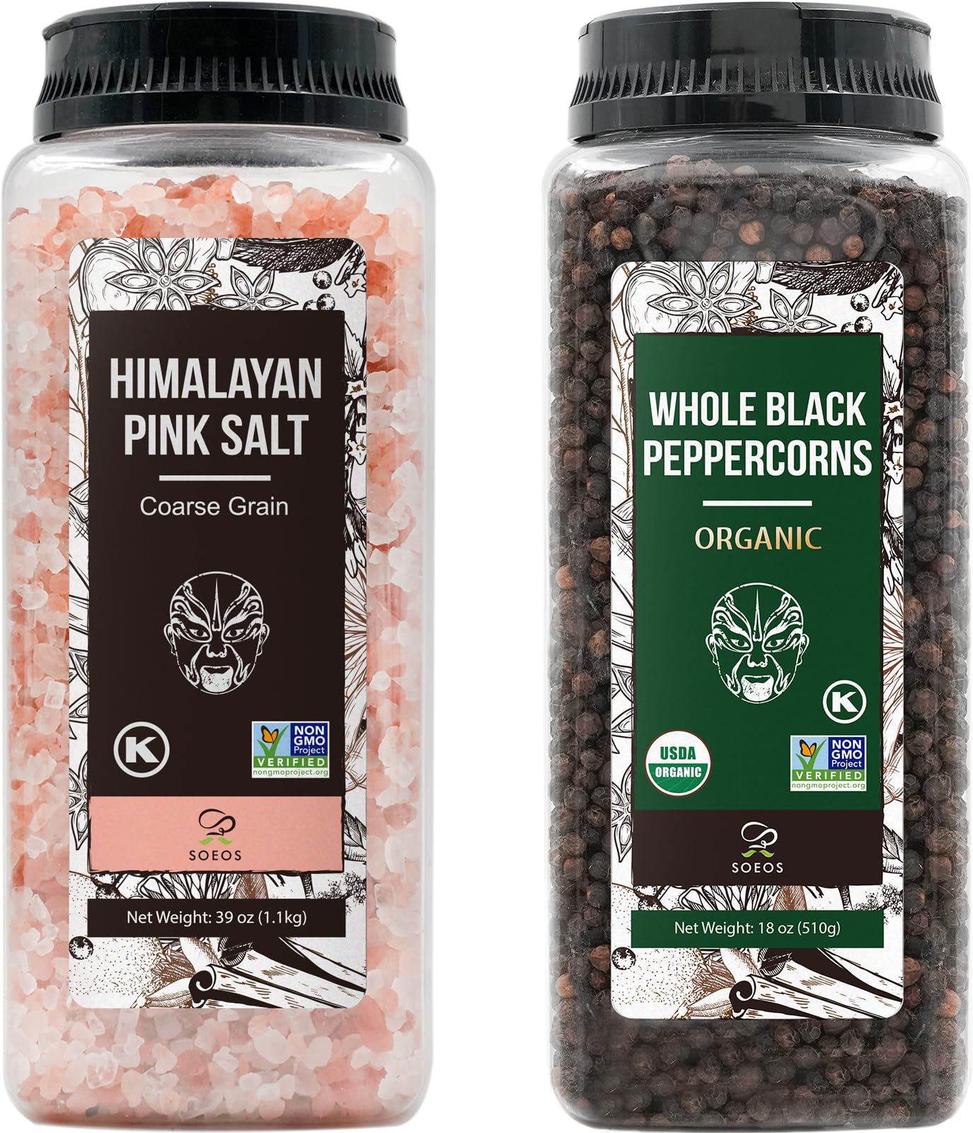 Soeos Himalayan Pink Salt Coarse 39 oz + Organic Black Peppercorns 18 oz, Salt for Grinder Refill, Salt and Peppercorns, Pepper 