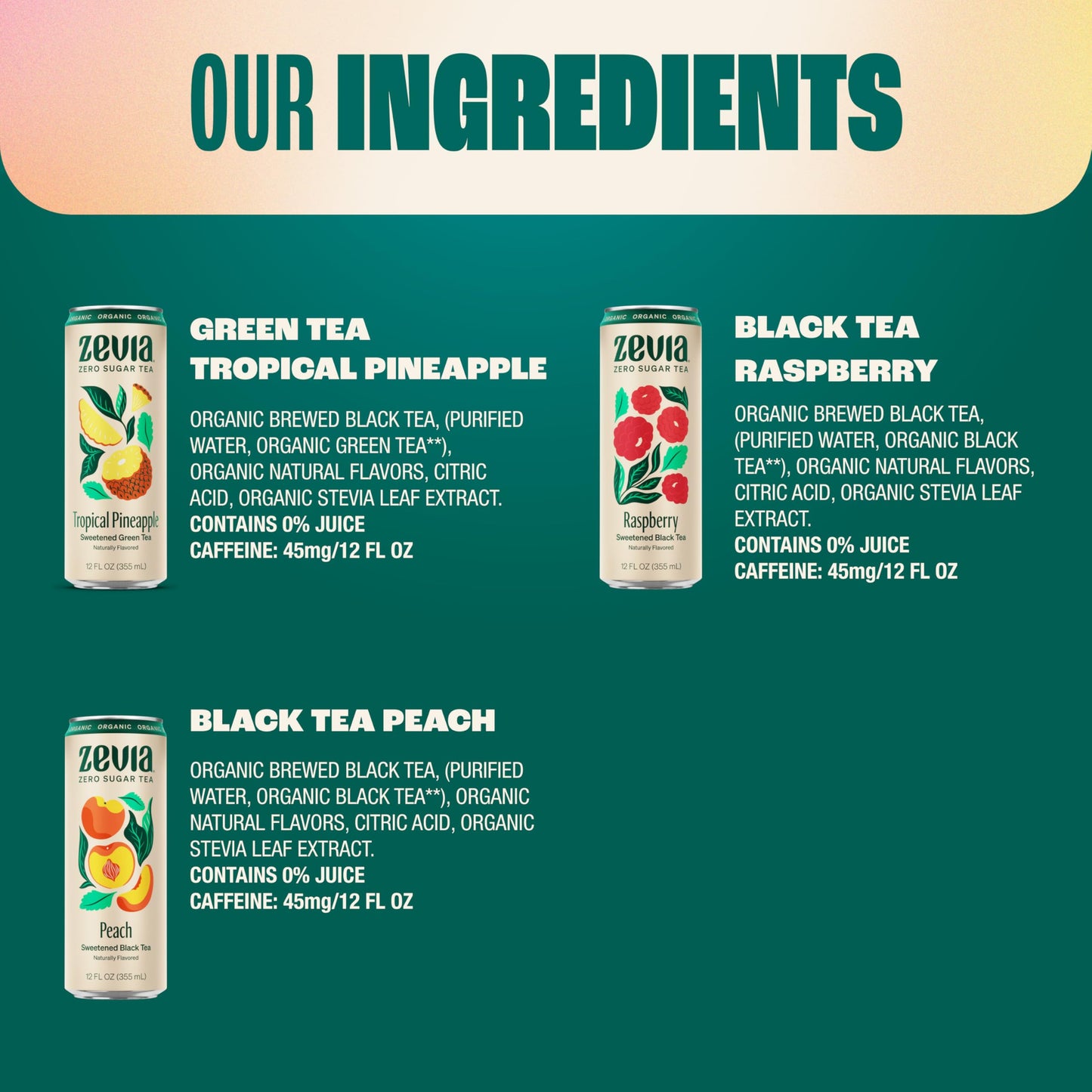 Zevia Organic Sugar Free Iced Tea, Fruity Tea Variety Pack, 12 Ounce Cans (Pack Of 15)