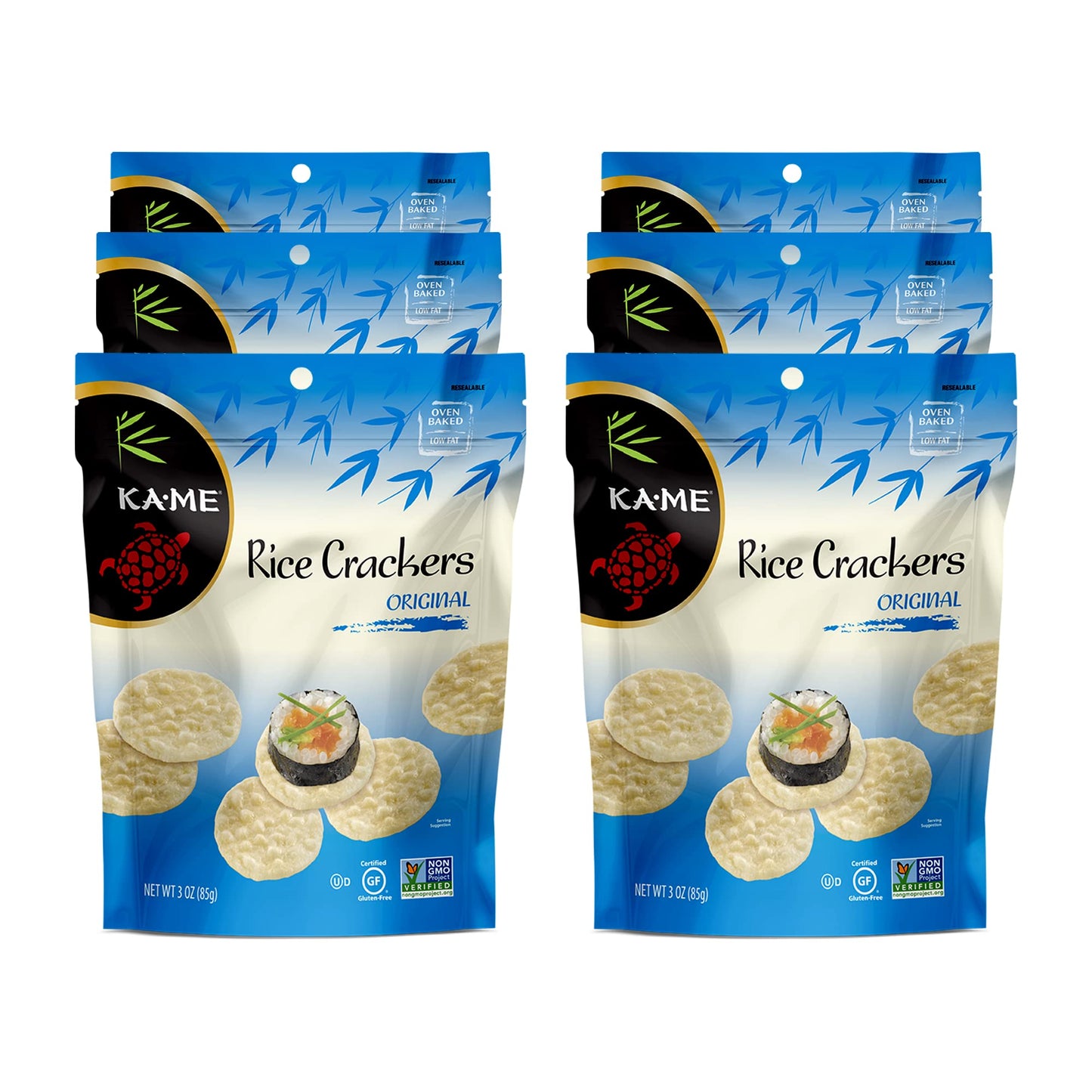 KA-ME Gluten-Free Original Rice Crackers Plain 3.5 oz(Pack of 6), Certified Gluten Free Crackers, No Artificial Flavors/Colors, 