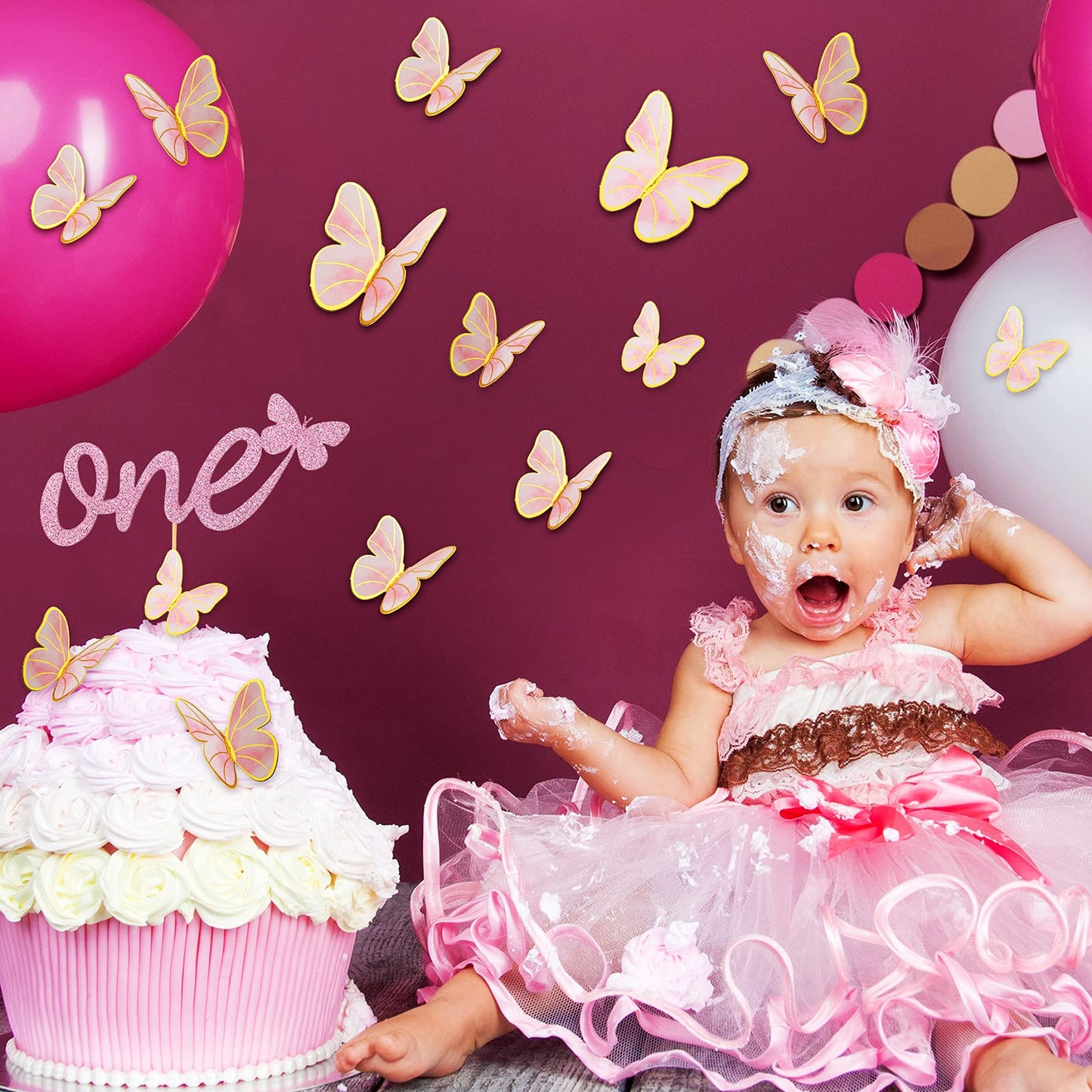 1 Set One Birthday Cake Topper 1St Rose Golden Birthday Cake Topper Glitter Butterfly Cake Topper For 1St Birthday Party Supplie