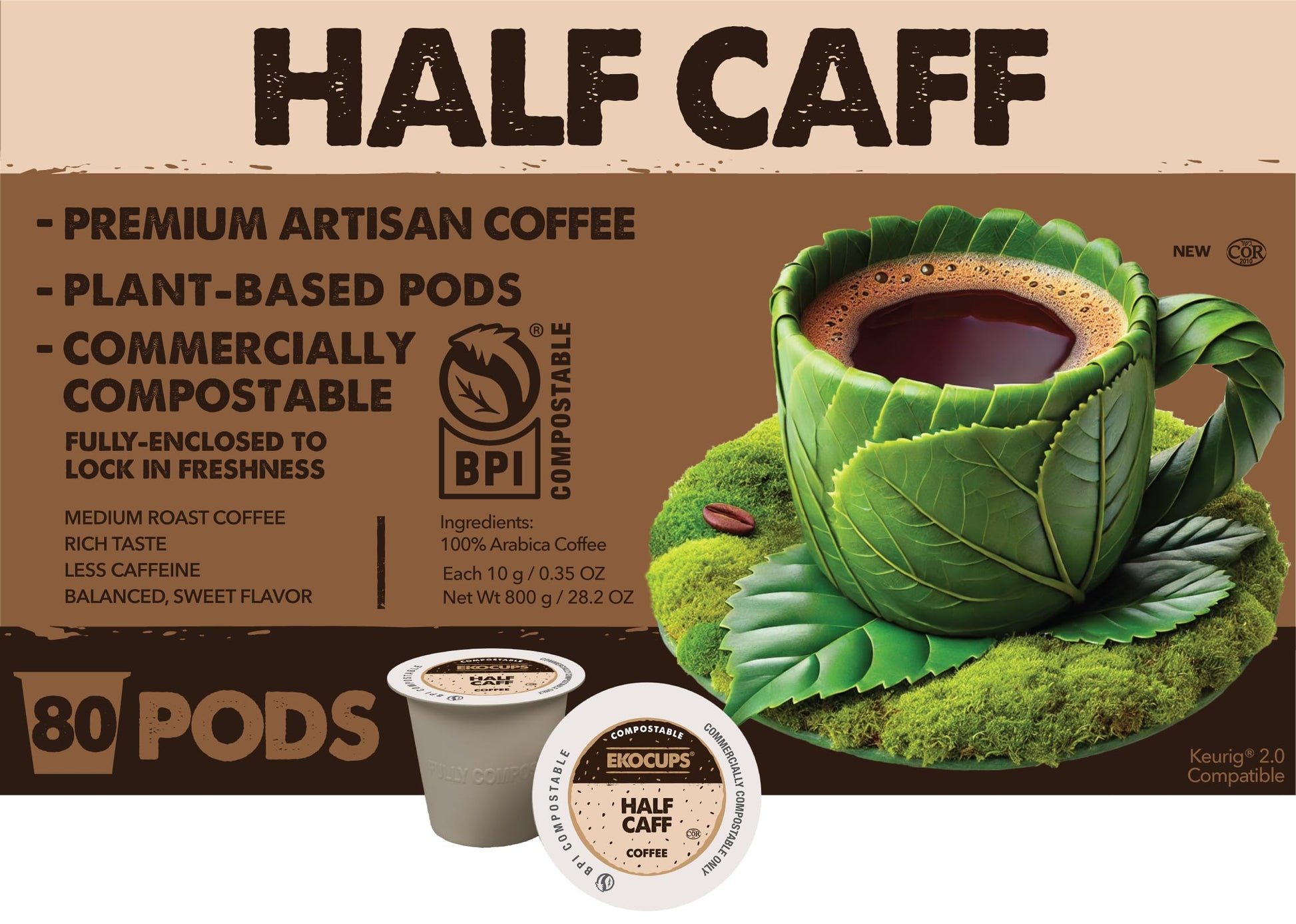 EKOCUPS Half Caff Coffee Pods, Compostable, Medium Roast, 80 Count, K-Cup Compatible