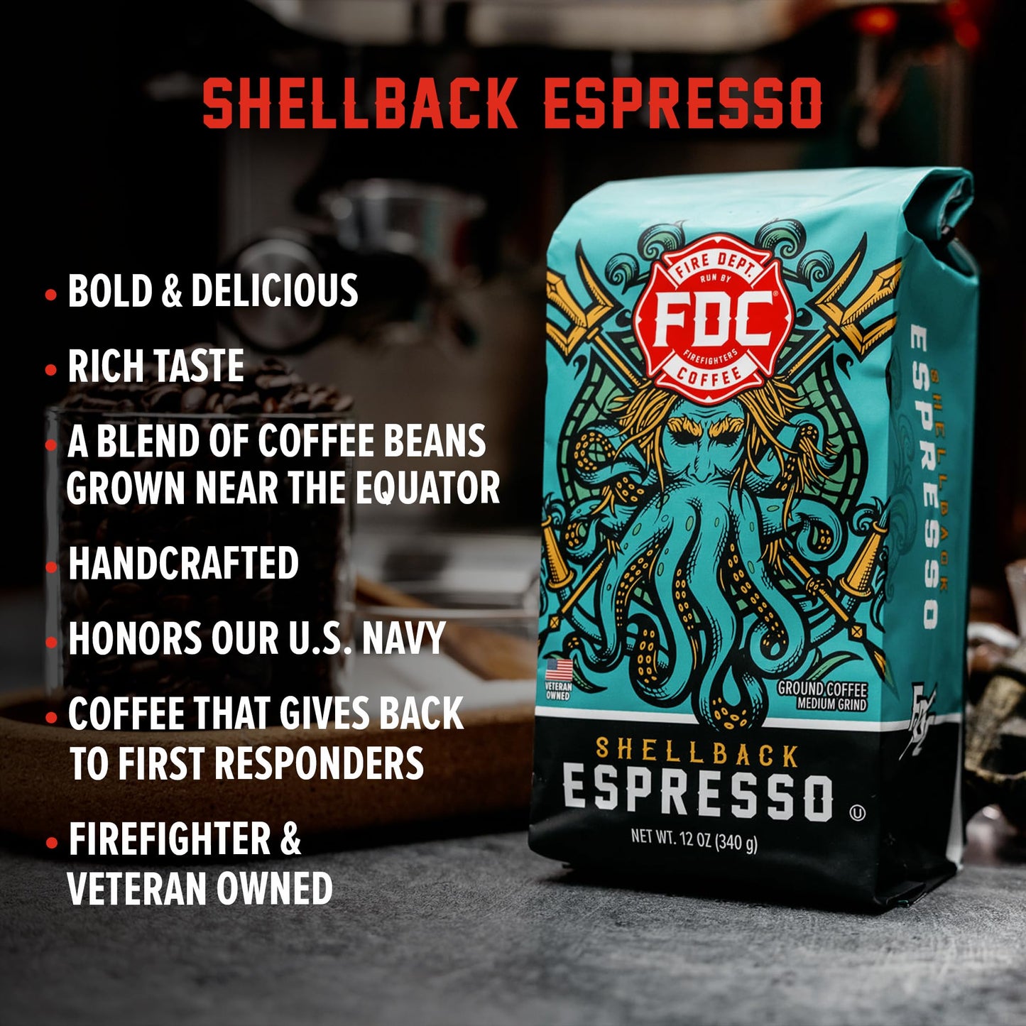 Fire Department Coffee - Gives Back To Firefighters - Bold & Smooth Shellback Espresso Coffee Beans - Roasted In The Usa - Premi