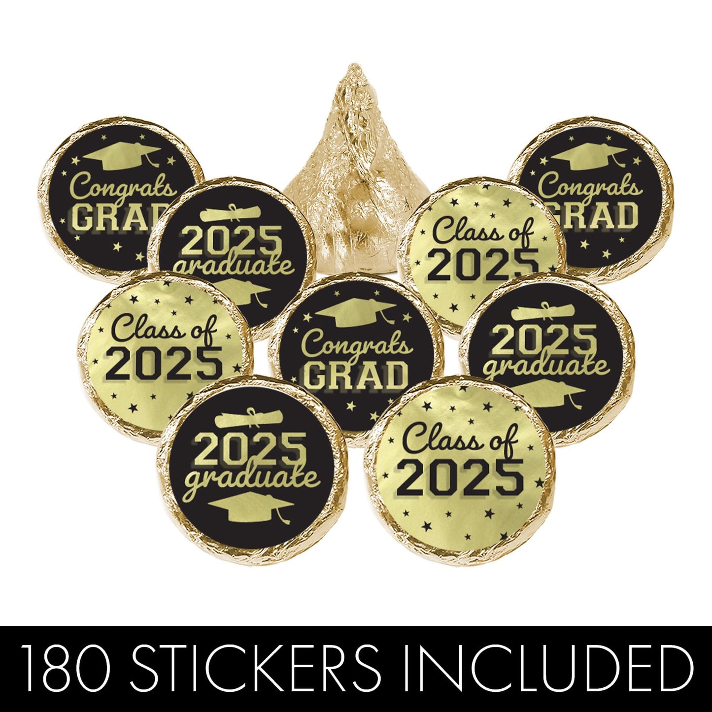 Black And Gold Graduation Party Stickers For Kisses Candy, Chocolate Drops, 2025 Grad Party Favors - 180 Count