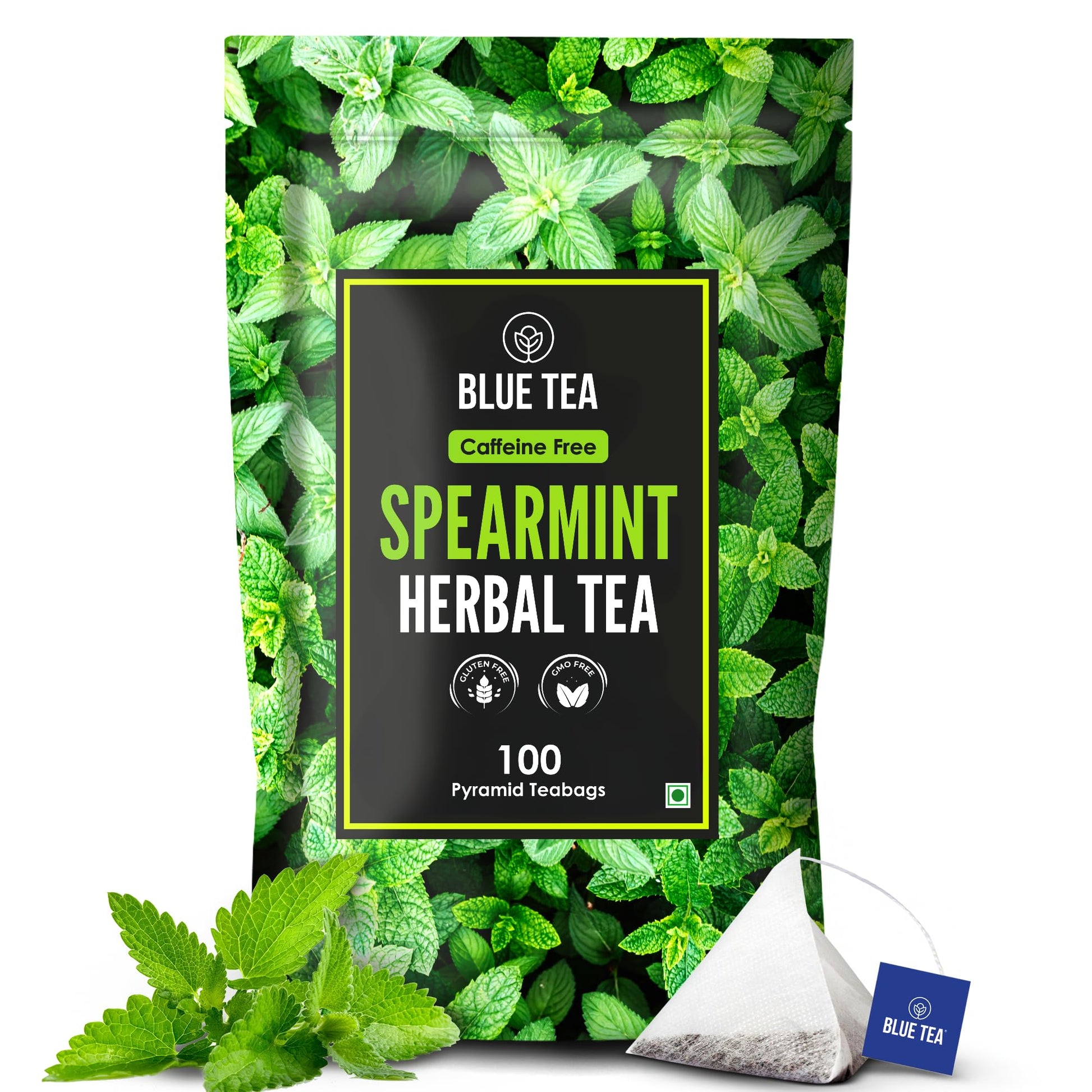 BLUE TEA Spearmint Herbal Tea - 100 Plant-Based Pyramid Tea Bags - Caffeine Free - Refreshing Flavor - Ziplock Pouch