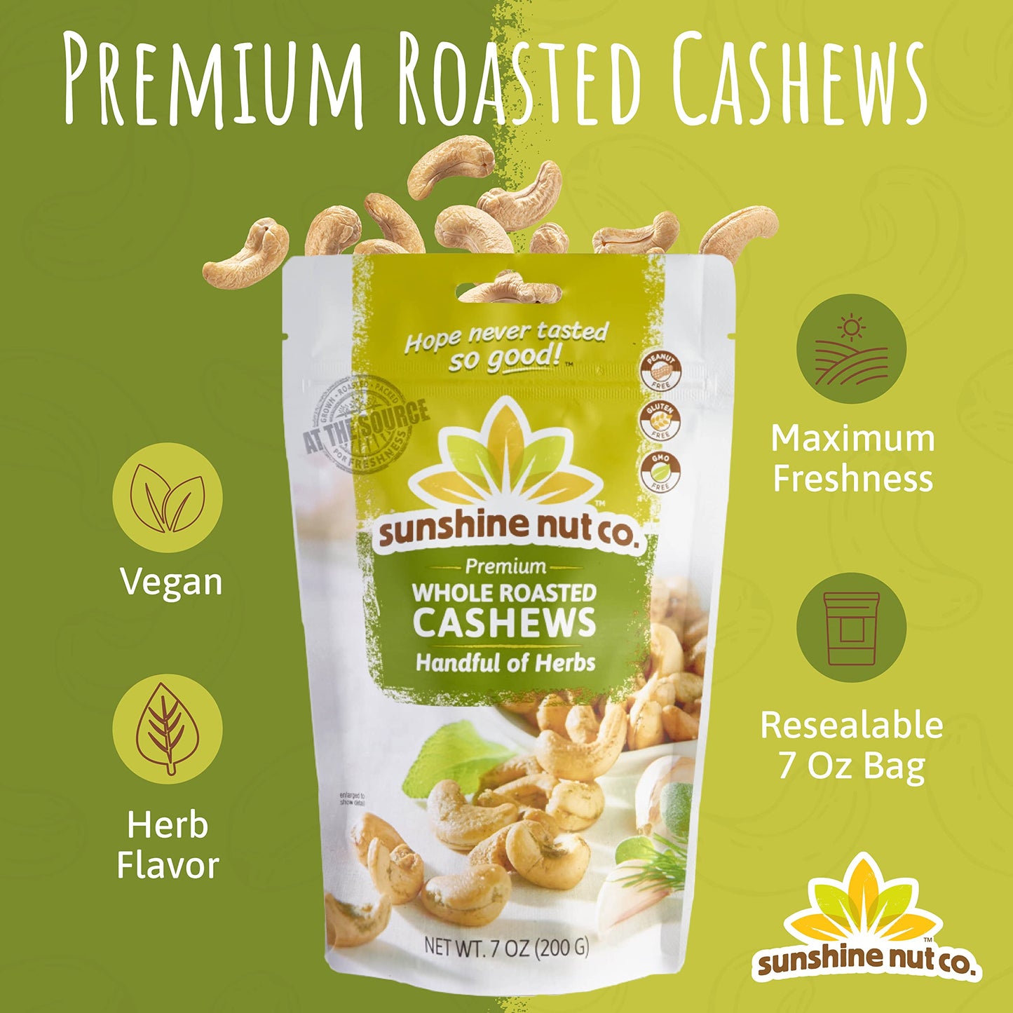 Sunshine Nut Company Whole Roasted Lightly Salted Cashews, Handful of Herbs Flavor, 6 Pack, 7 oz. Each, Gluten Free, Peanut Free