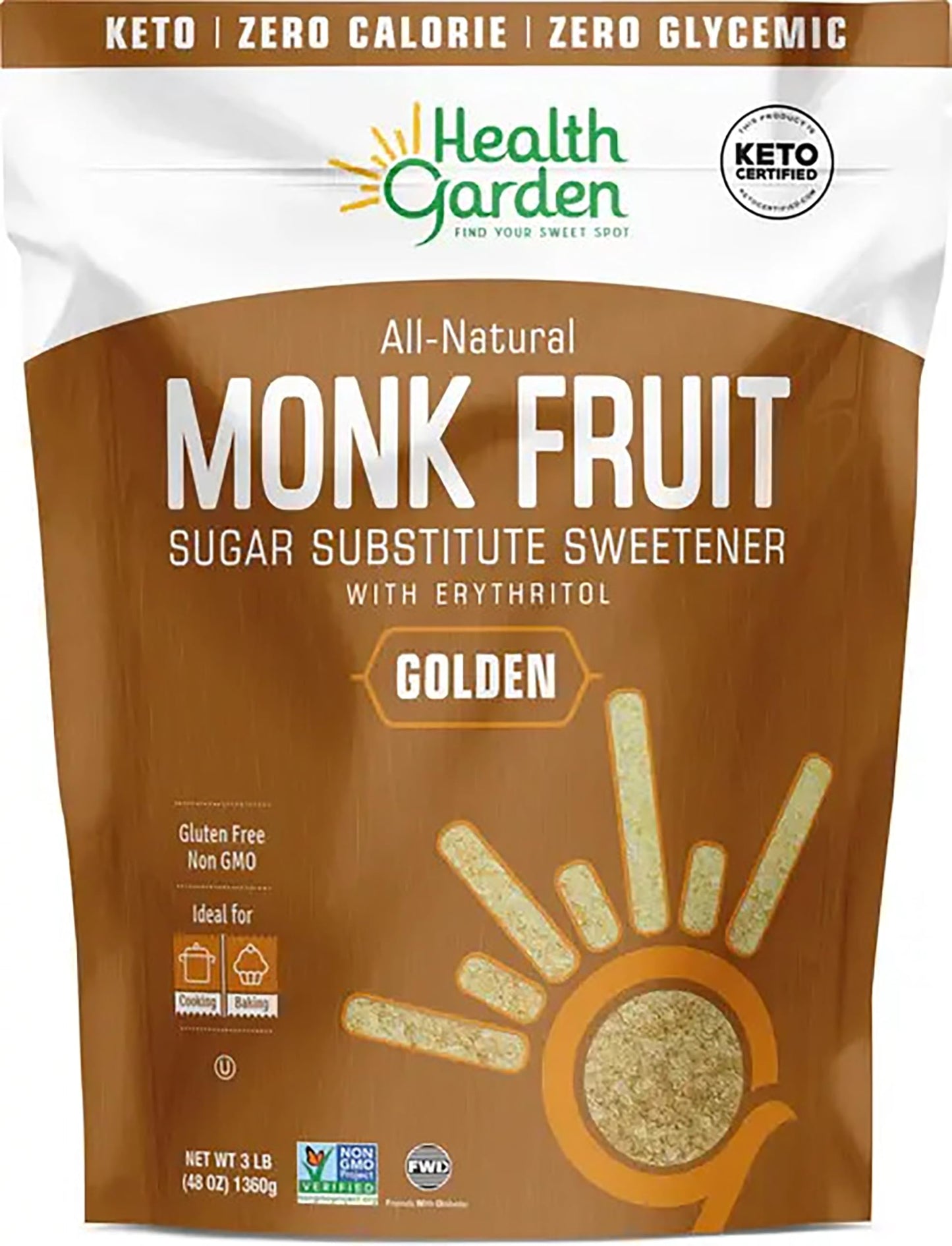 Health Garden Monk Fruit Sweetener, Golden- Non Gmo - Gluten Free - Sugar Substitute - Kosher - Keto Friendly (3 Lbs)