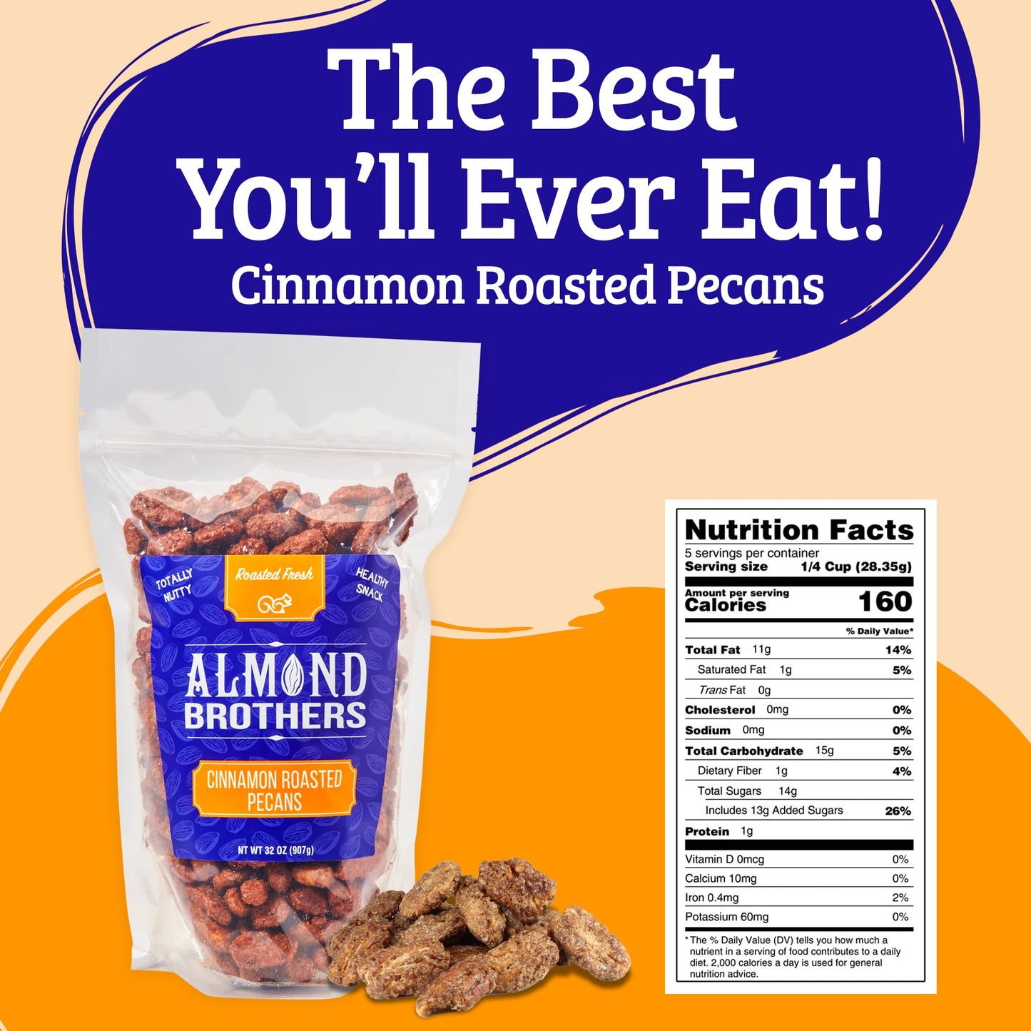 Almond Brothers Cinnamon Roasted Pecans - Gluten-Free, Non-Gmo, Candied Pecans, Gourmet Pecan Snack - 2 Lb Bag