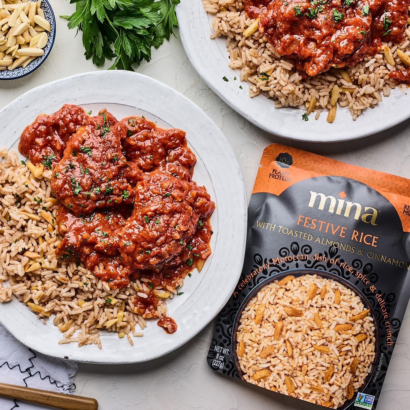 Mina Festive Rice, With Toasted Almonds & Cinnamon, Ready to Eat, Brown Rice, Side Dishes, Microwave Rice, Vegan Protein, Non-GM