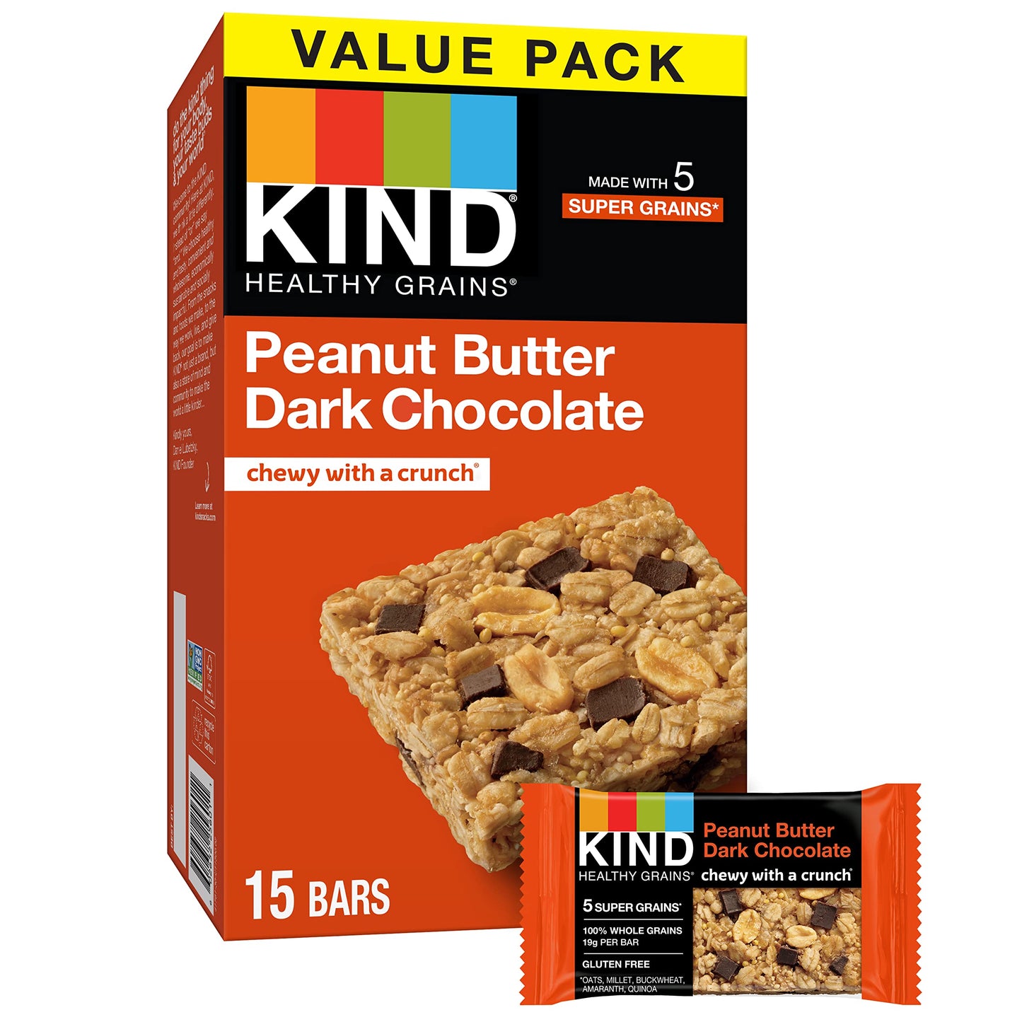 Kind Healthy Grains Bars, Peanut Butter Dark Chocolate, 1.2 Ounce, 60 Count, Gluten Free